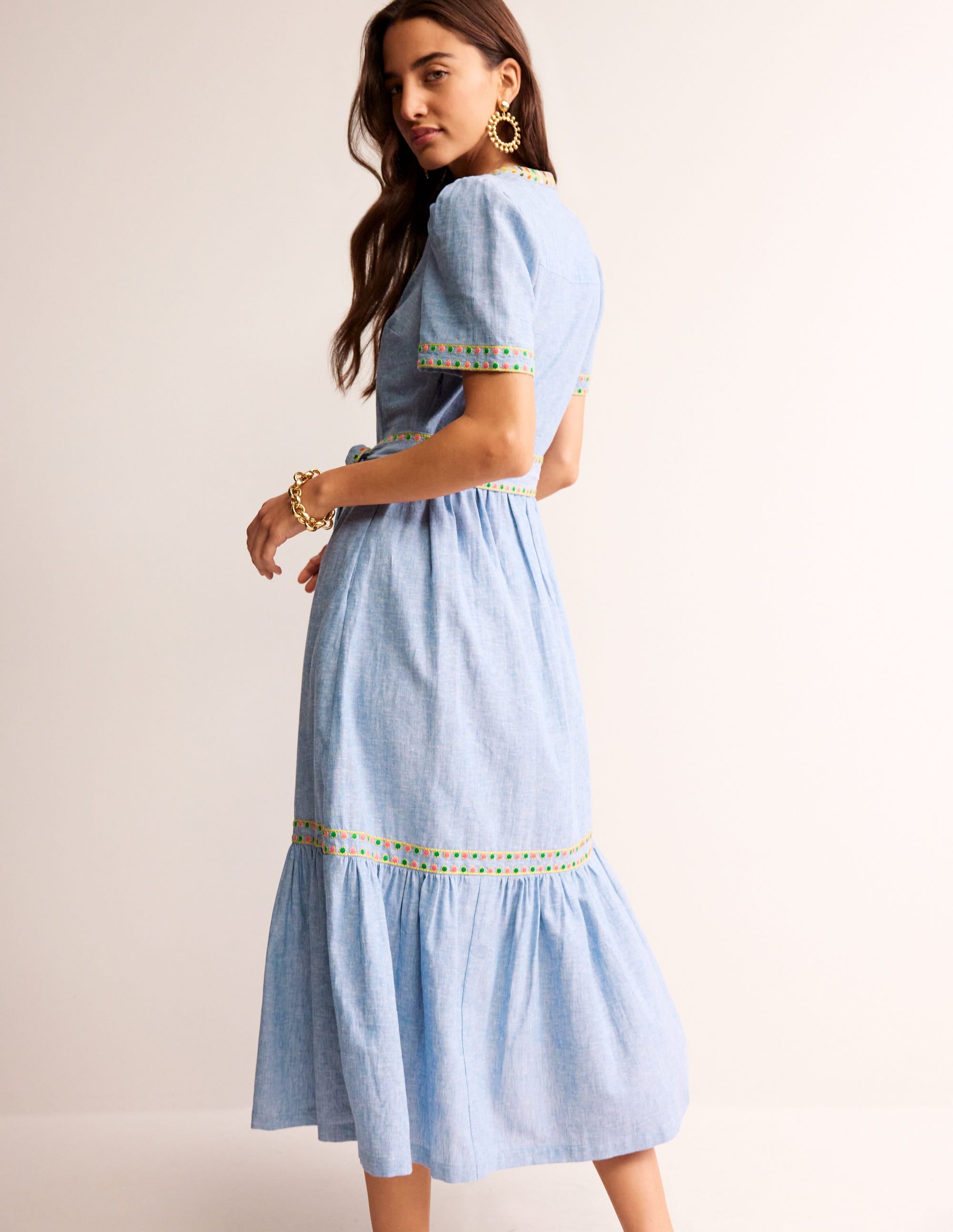 Embroidered Linen Blend Dress-Chambray - Image 3