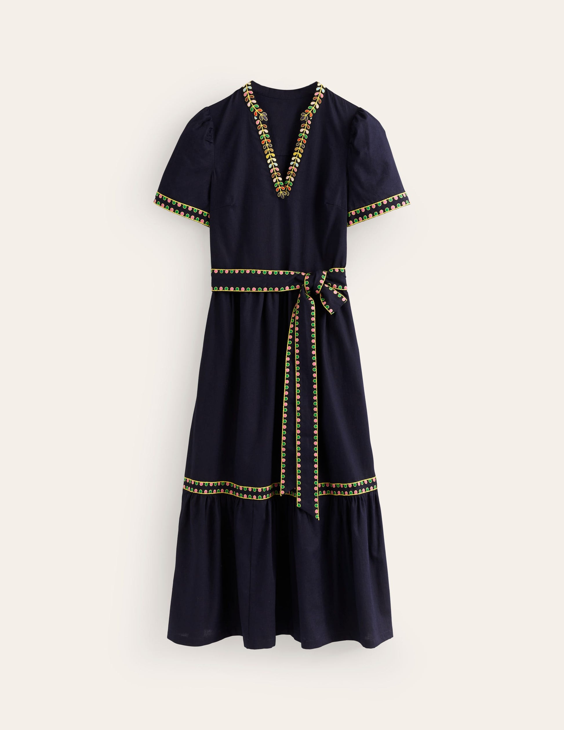 Embroidered Linen Blend Dress-Navy-5