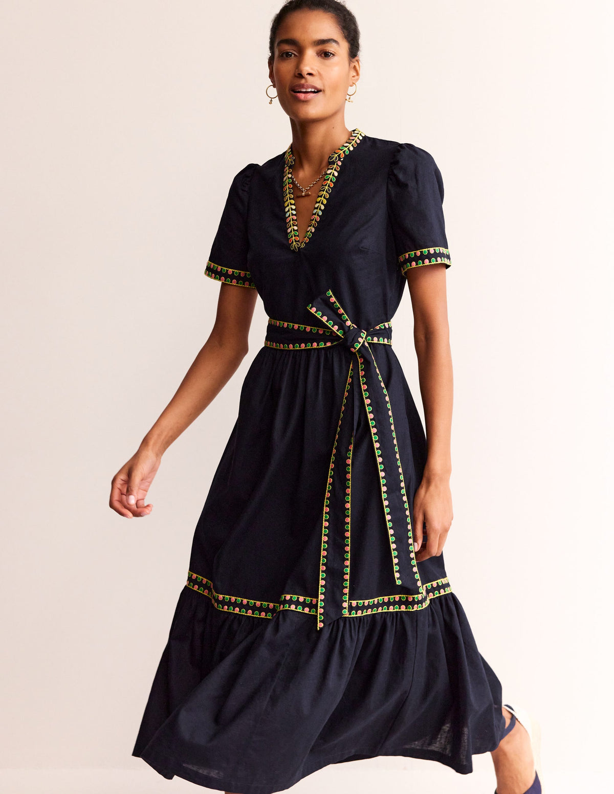 Embroidered Linen Blend Dress-Navy-1