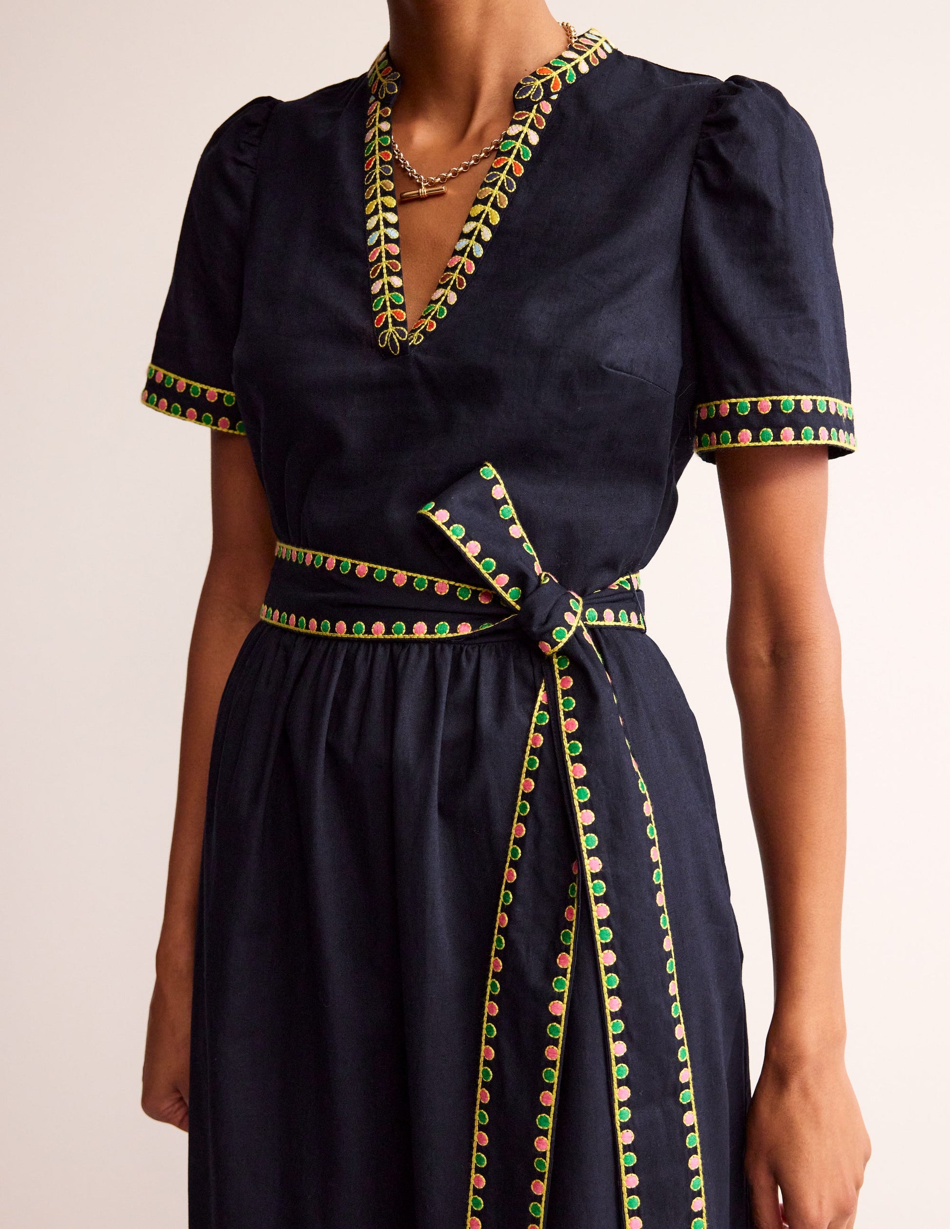 Embroidered Linen Blend Dress-Navy-2
