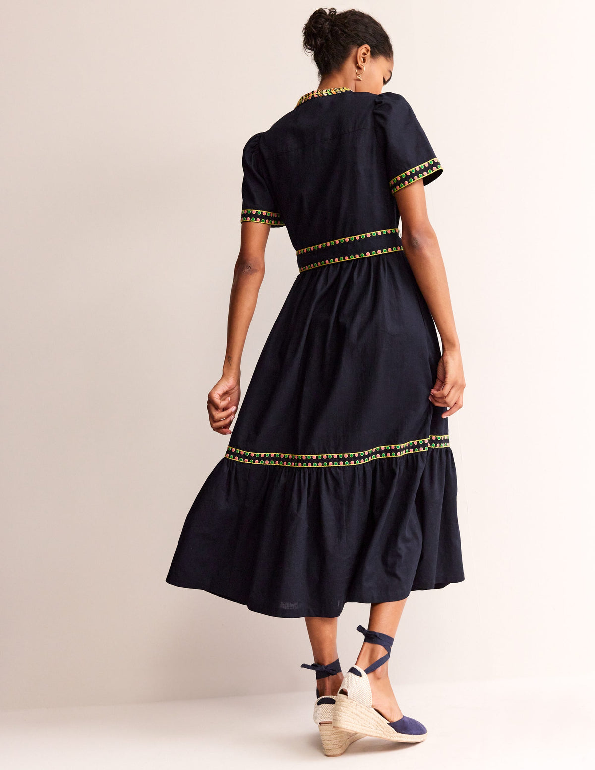 Embroidered Linen Blend Dress-Navy-3