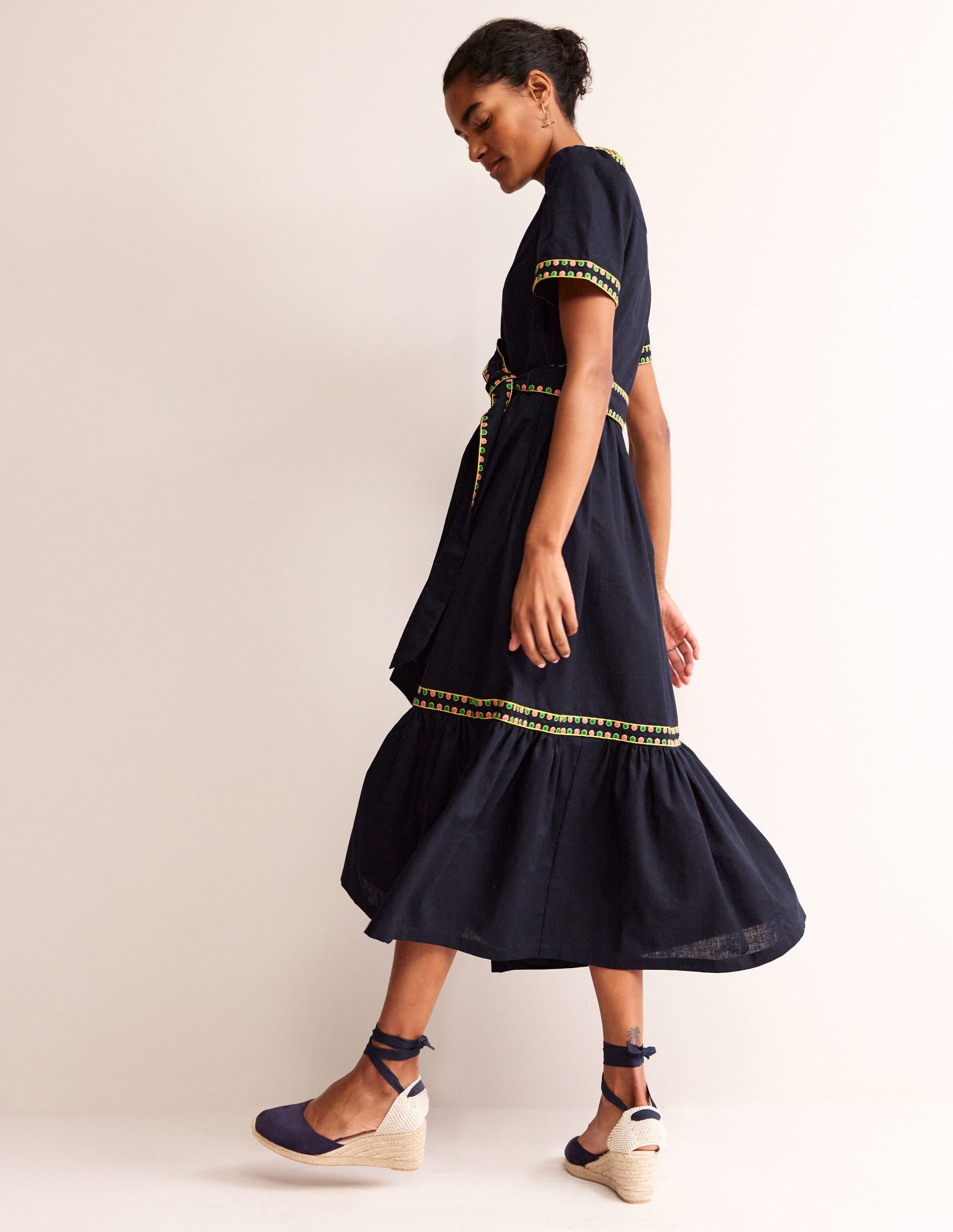 Embroidered Linen Blend Dress-Navy - Image 4