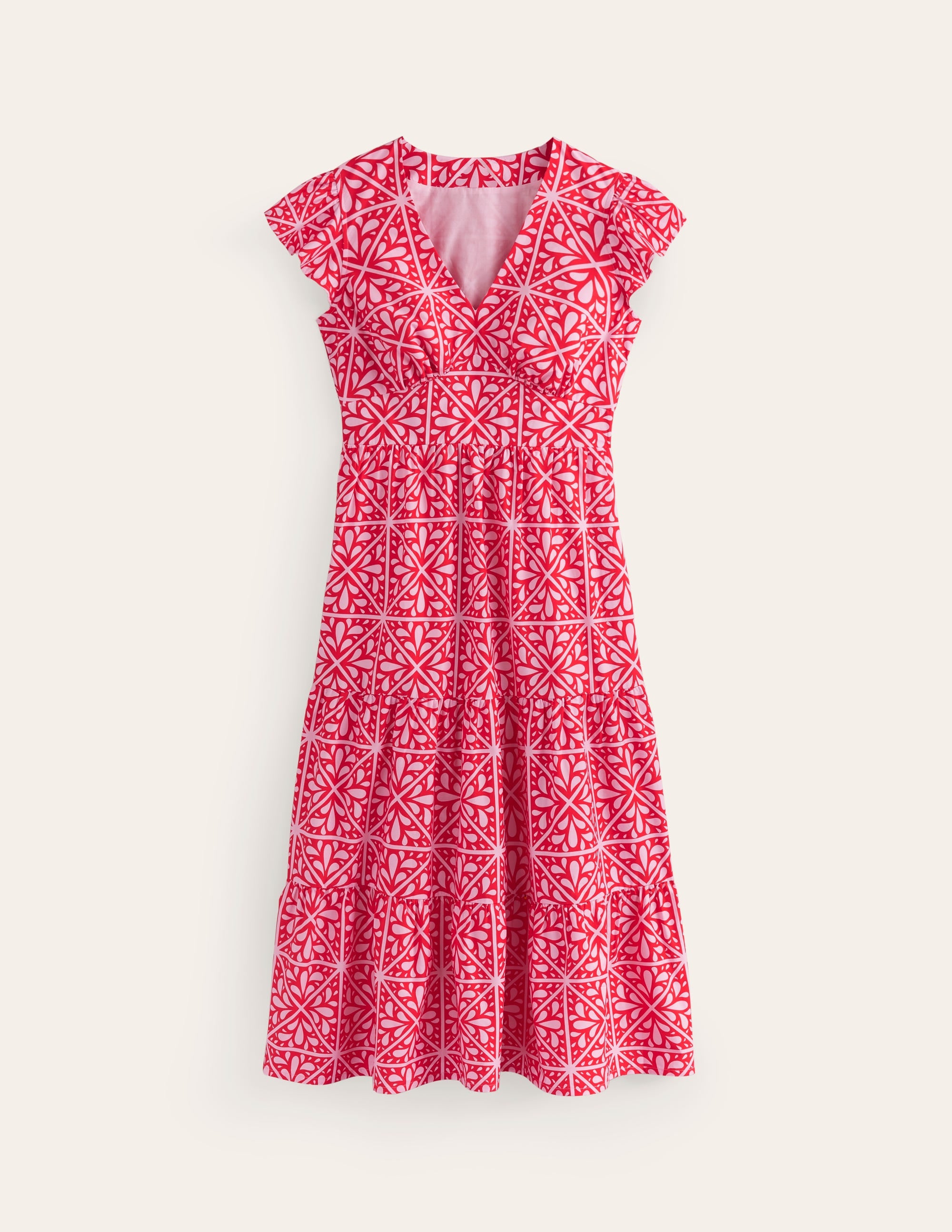 May Cotton Midi Tea Dress-Flame Scarlet, Floral Mosaic - Image 5