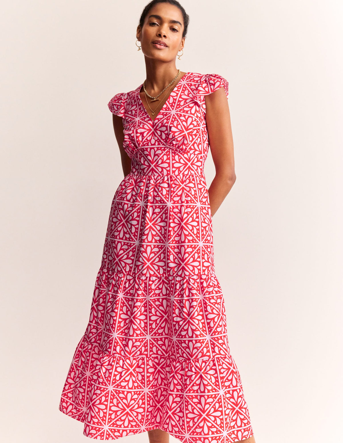 May Cotton Midi Tea Dress-Flame Scarlet, Floral Mosaic - Image 1
