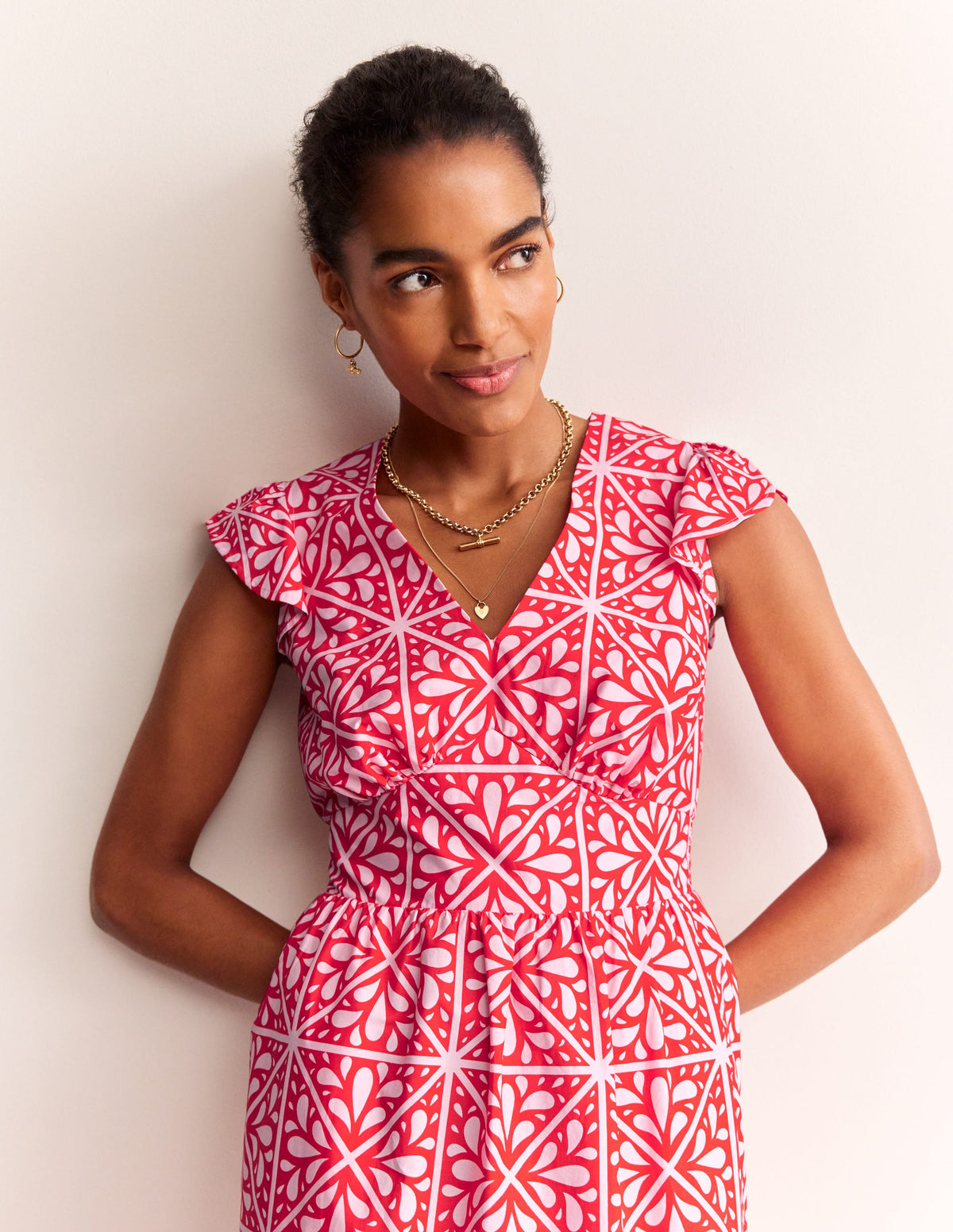 May Cotton Midi Tea Dress-Flame Scarlet, Floral Mosaic - Image 2