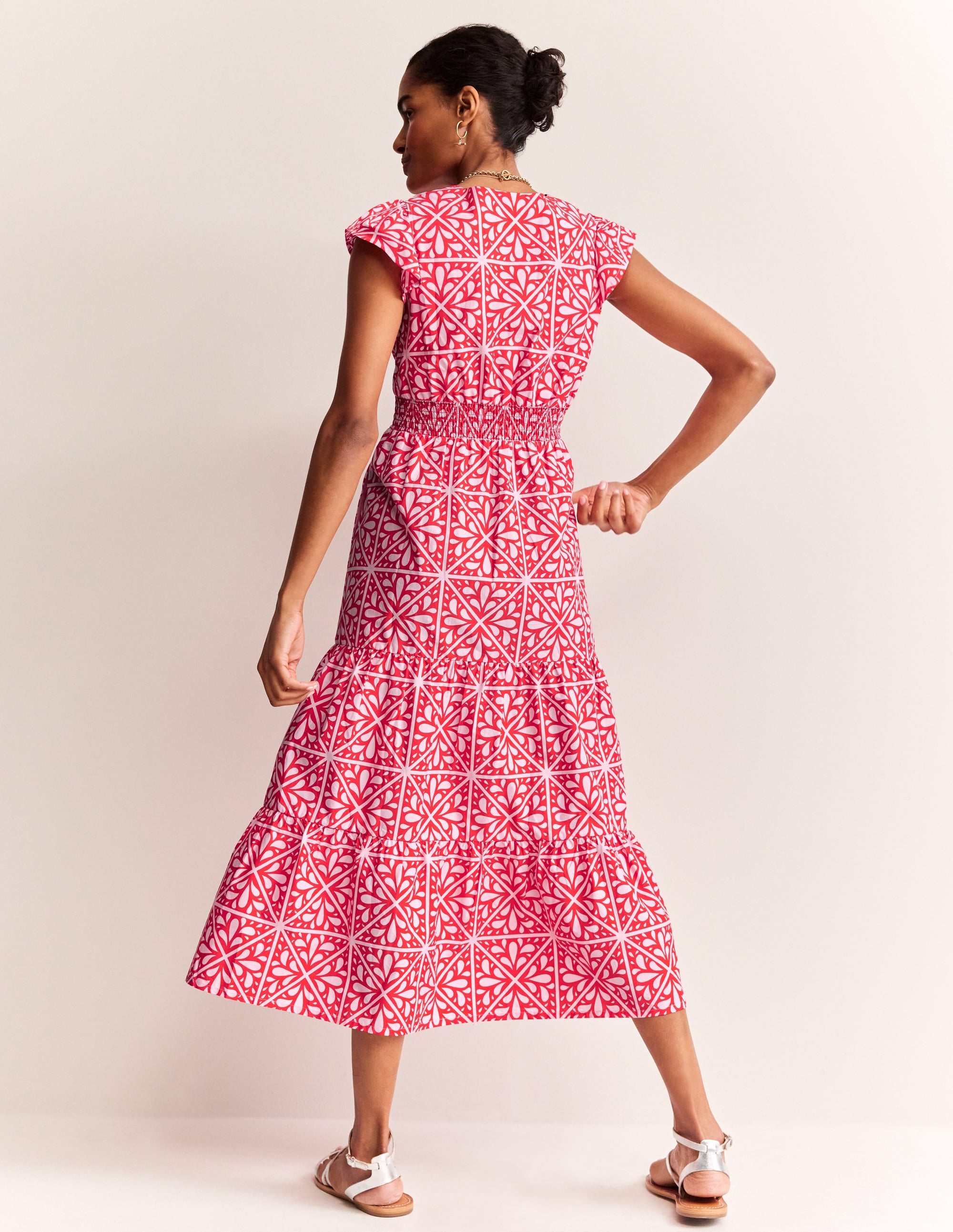 May Cotton Midi Tea Dress-Flame Scarlet, Floral Mosaic - Image 3