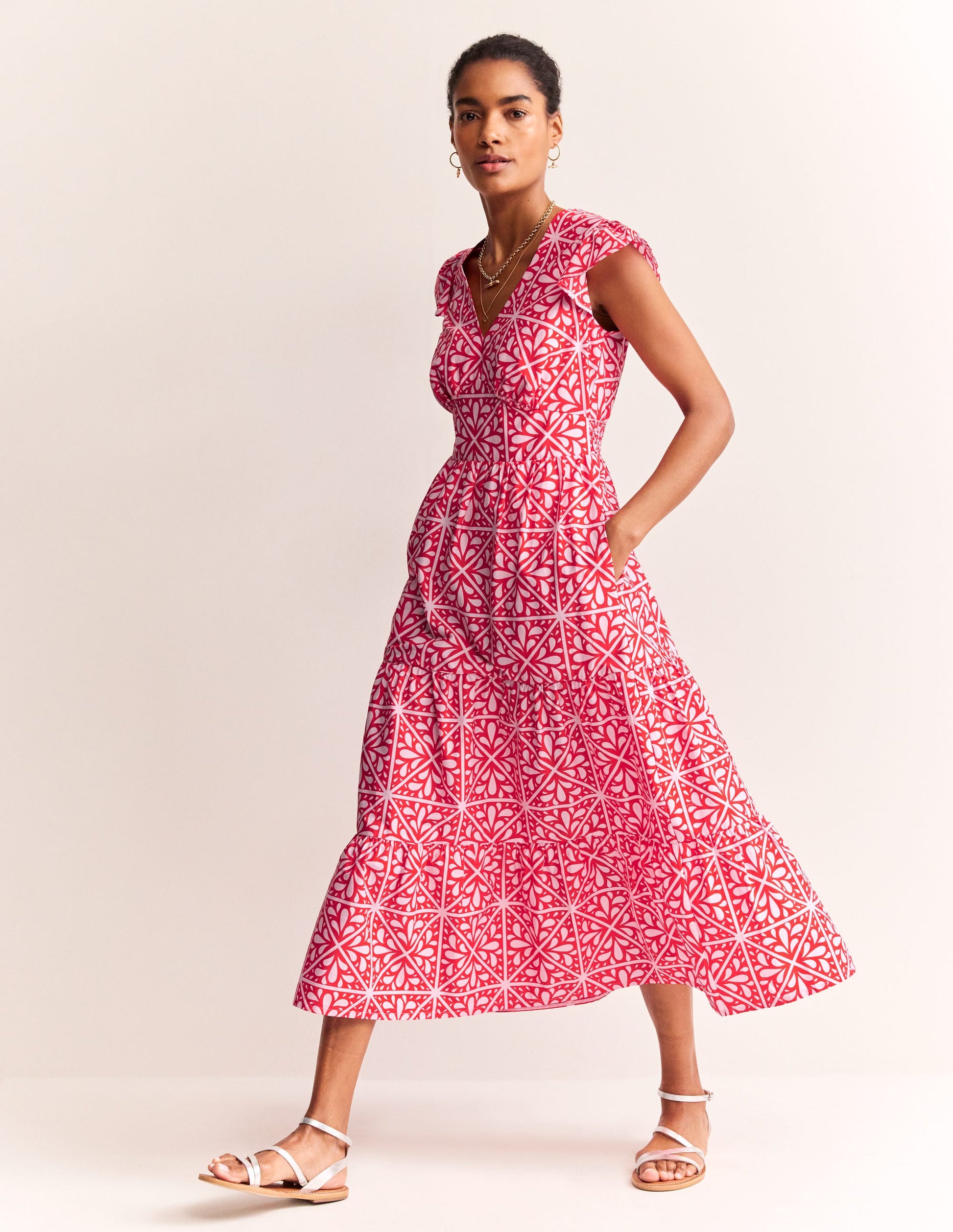 May Cotton Midi Tea Dress-Flame Scarlet, Floral Mosaic-4