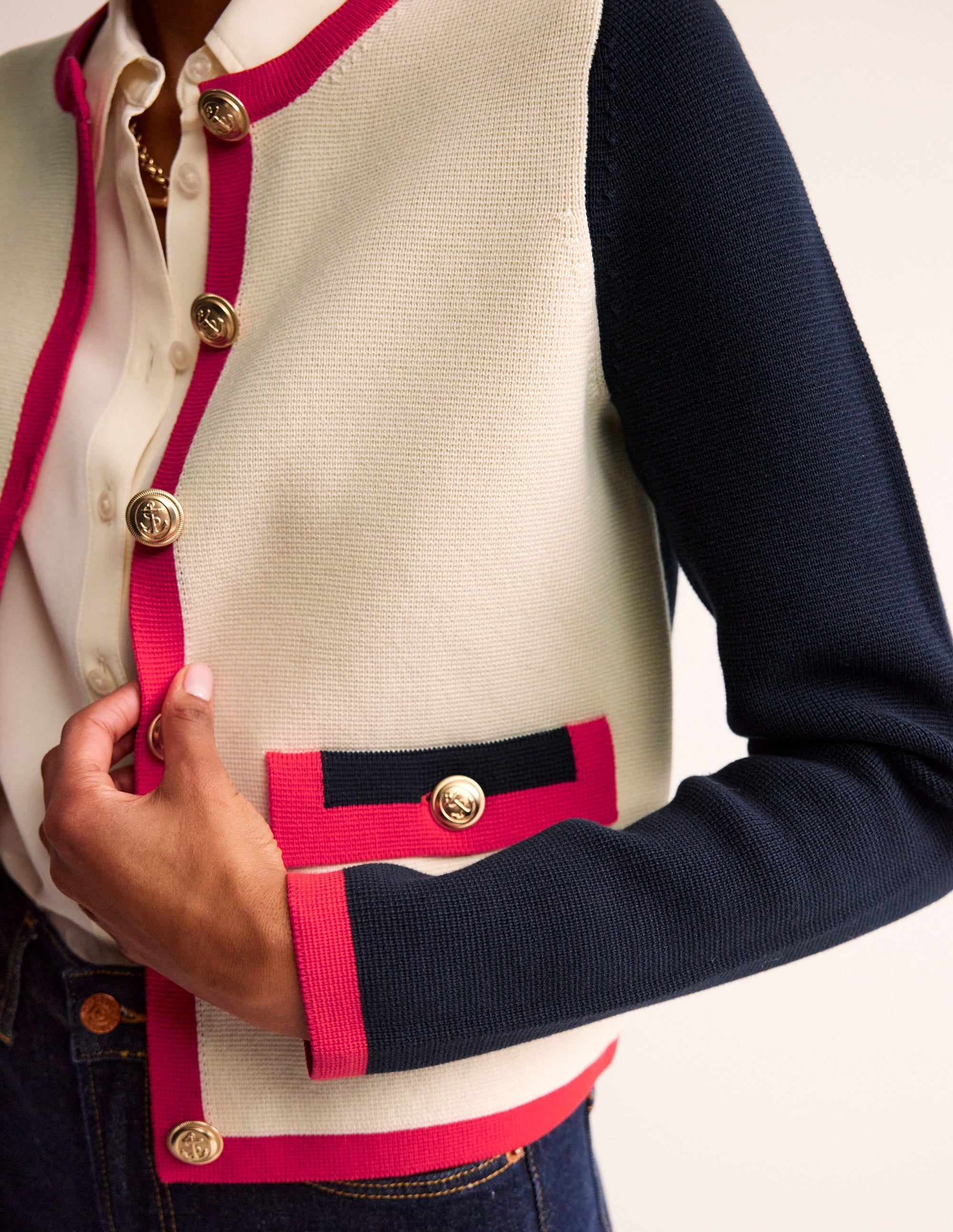 Holly Knitted Jacket-Warm Ivory/ Navy/ Red - Image 2