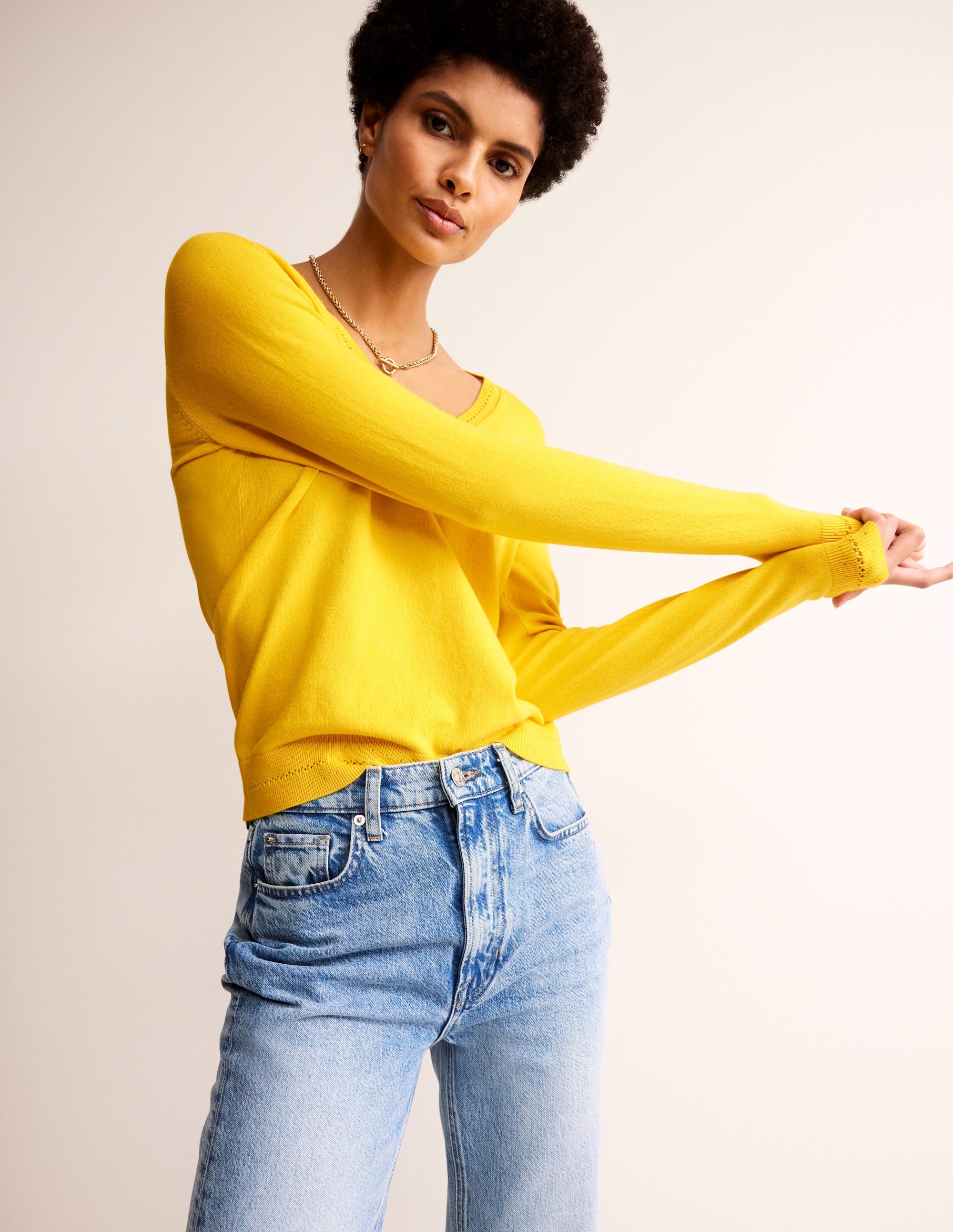 Catriona Cotton V-Neck Jumper-Passion Fruit Yellow - Image 1