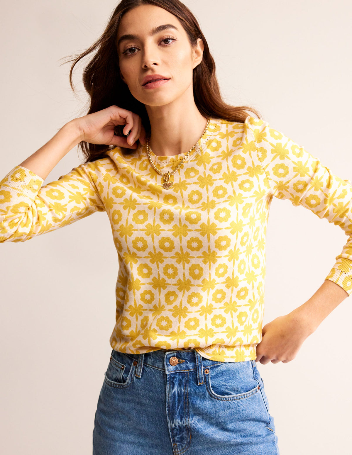 Catriona Cotton Crew Jumper-Mimosa Yellow Print-4