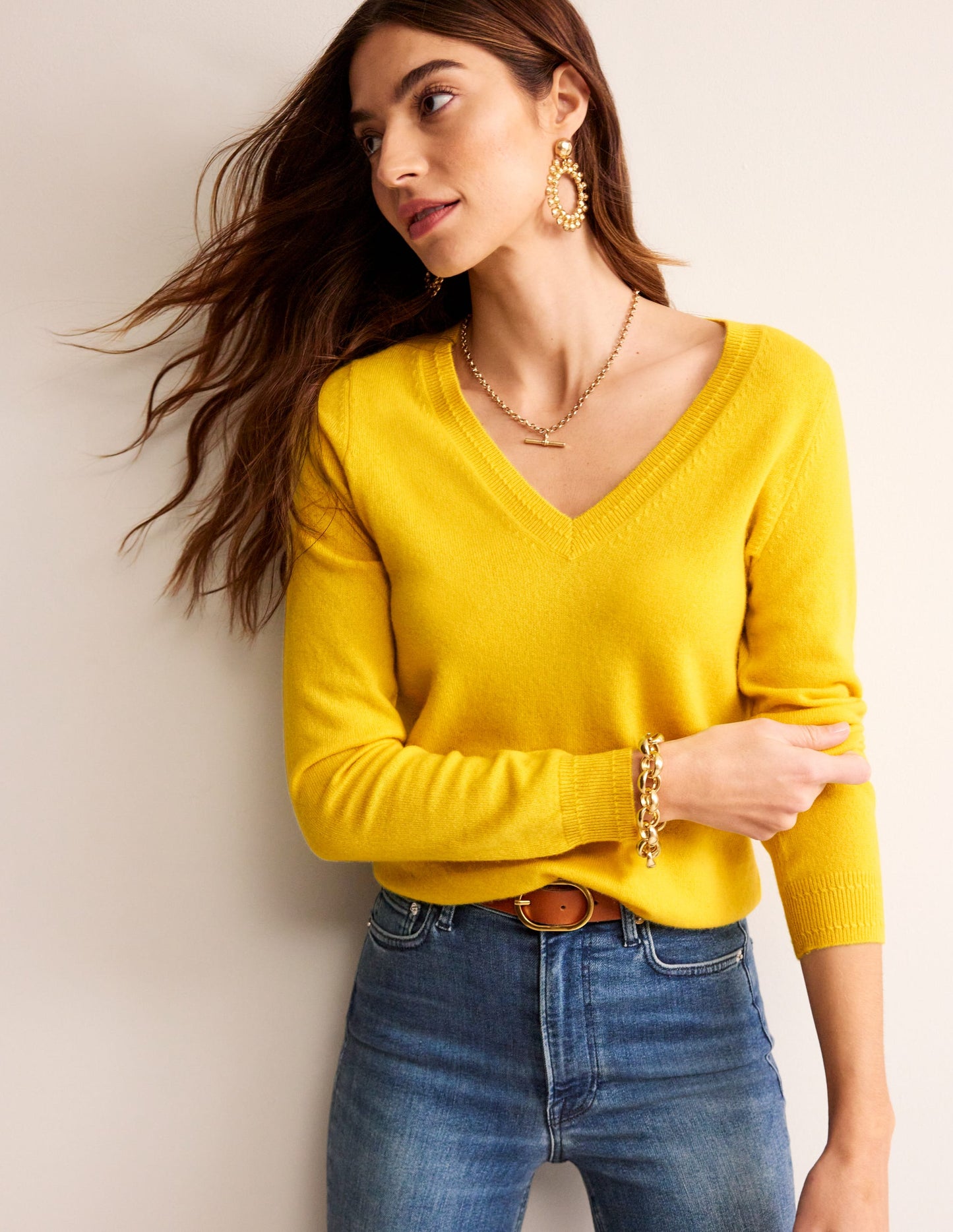 Eva Cashmere V-Neck Sweater-Pineapple Yellow