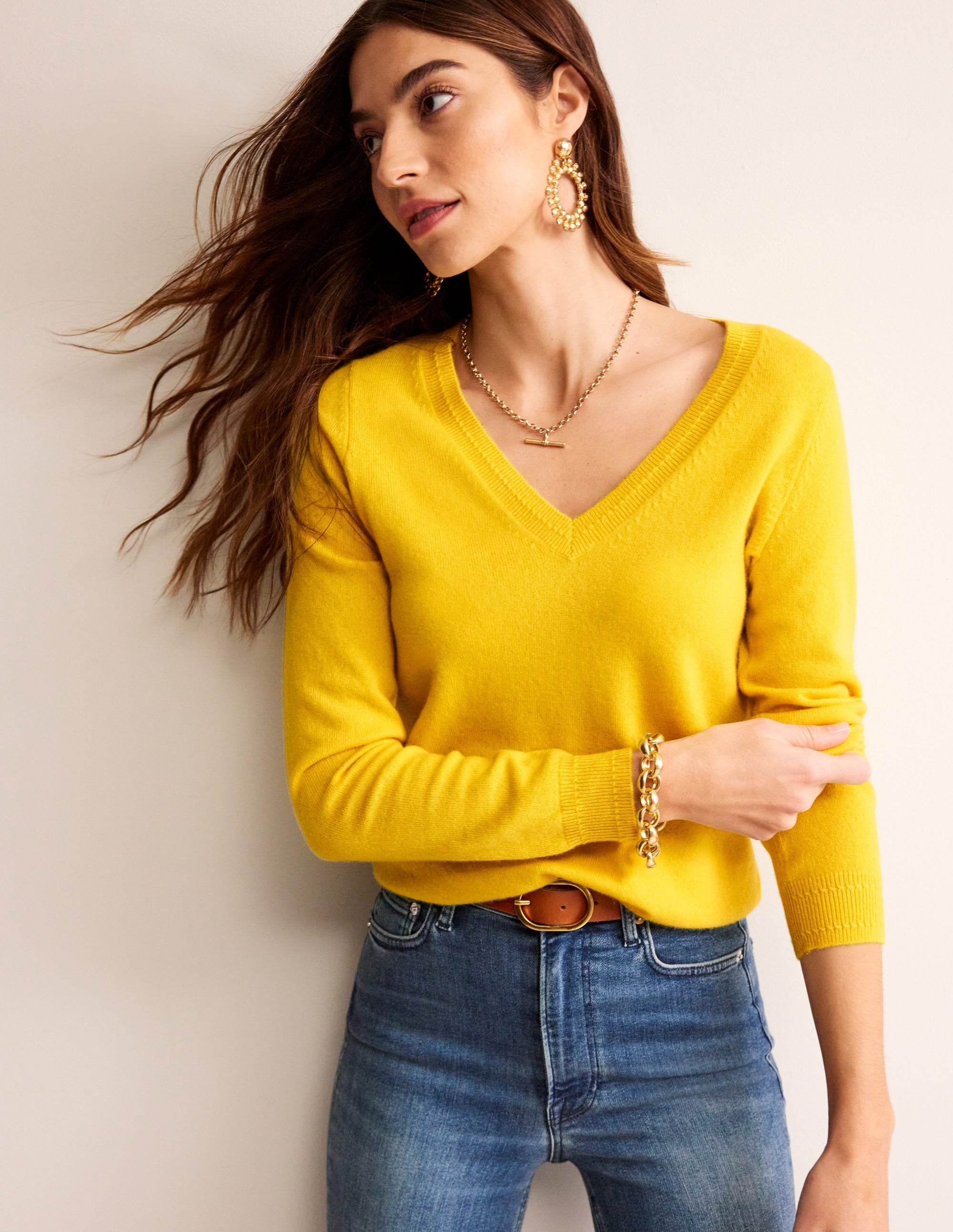 Eva Cashmere V-Neck Sweater-Pineapple Yellow - Image 4