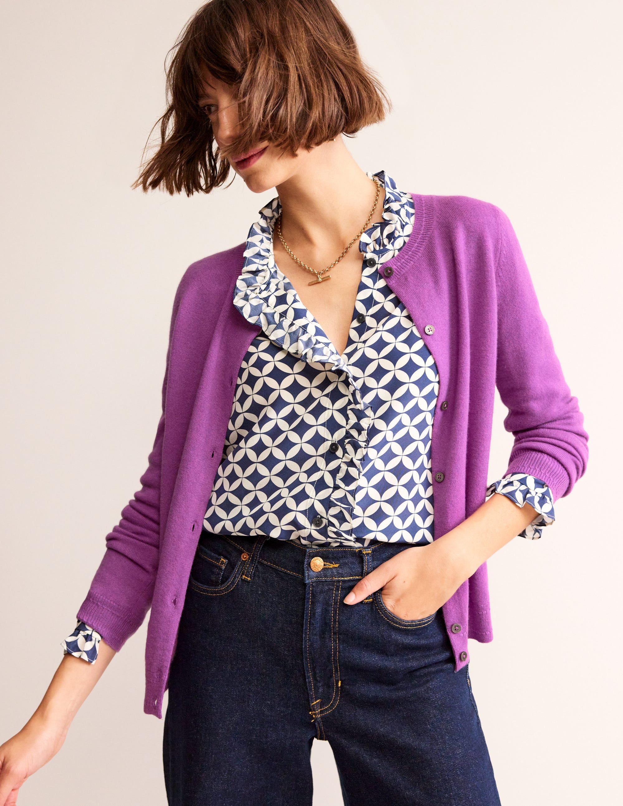 Eva Cashmere Crew Cardigan-Mulberry - Image 1
