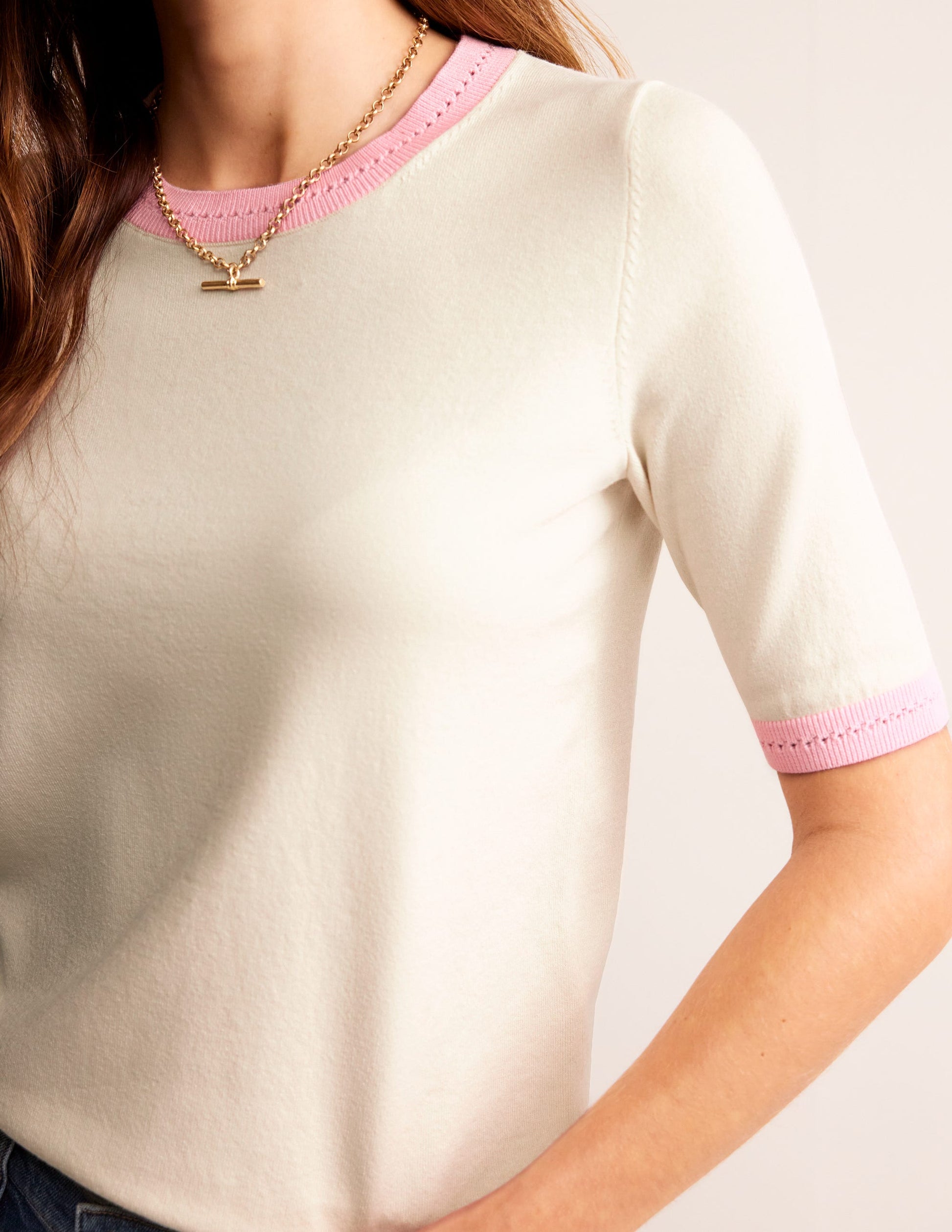 Catriona Cotton Crew T-shirt-Warm Ivory/Spring Blossom Pink-2