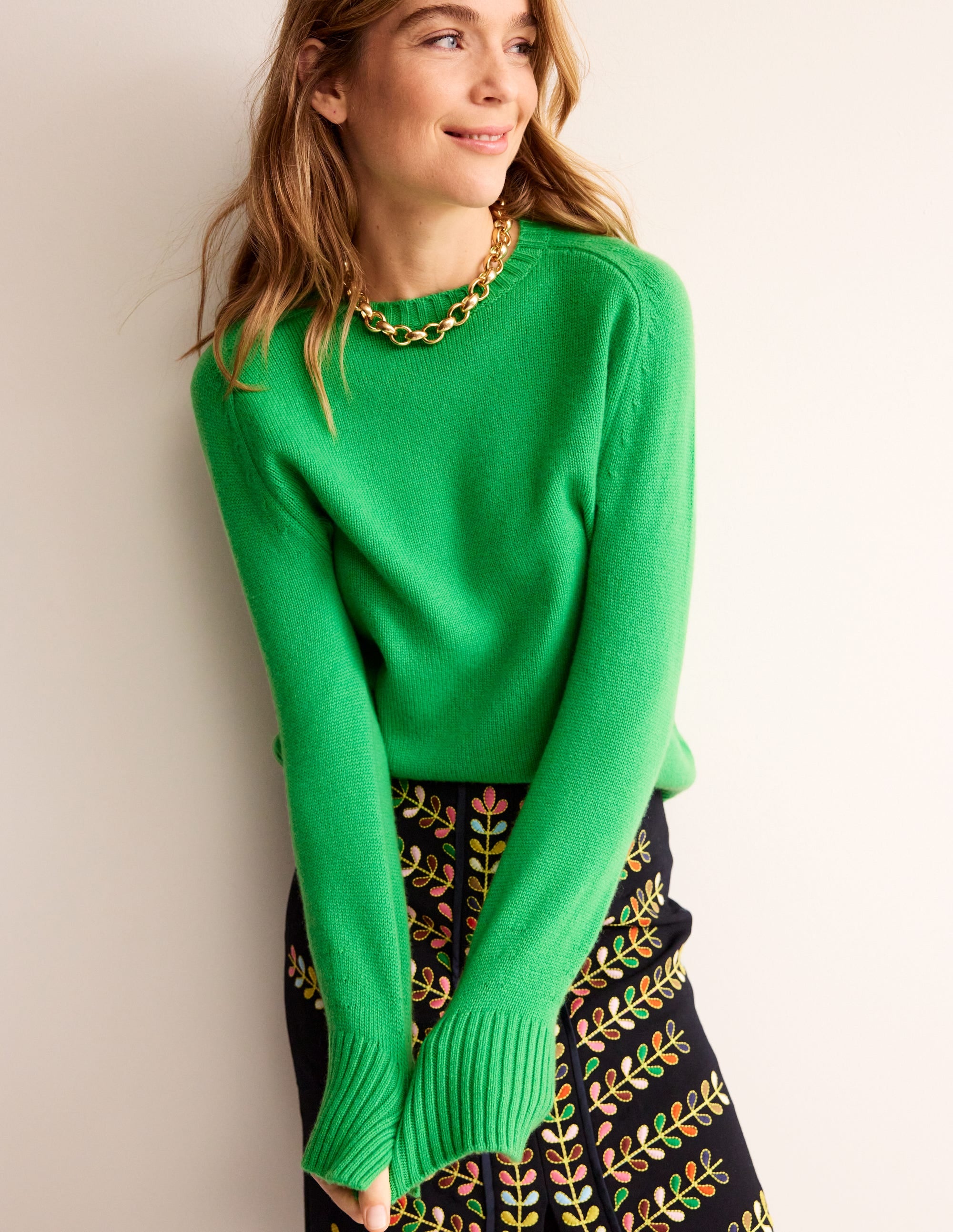 Split Cuff Cashmere Sweater-Bright Green - Image 1