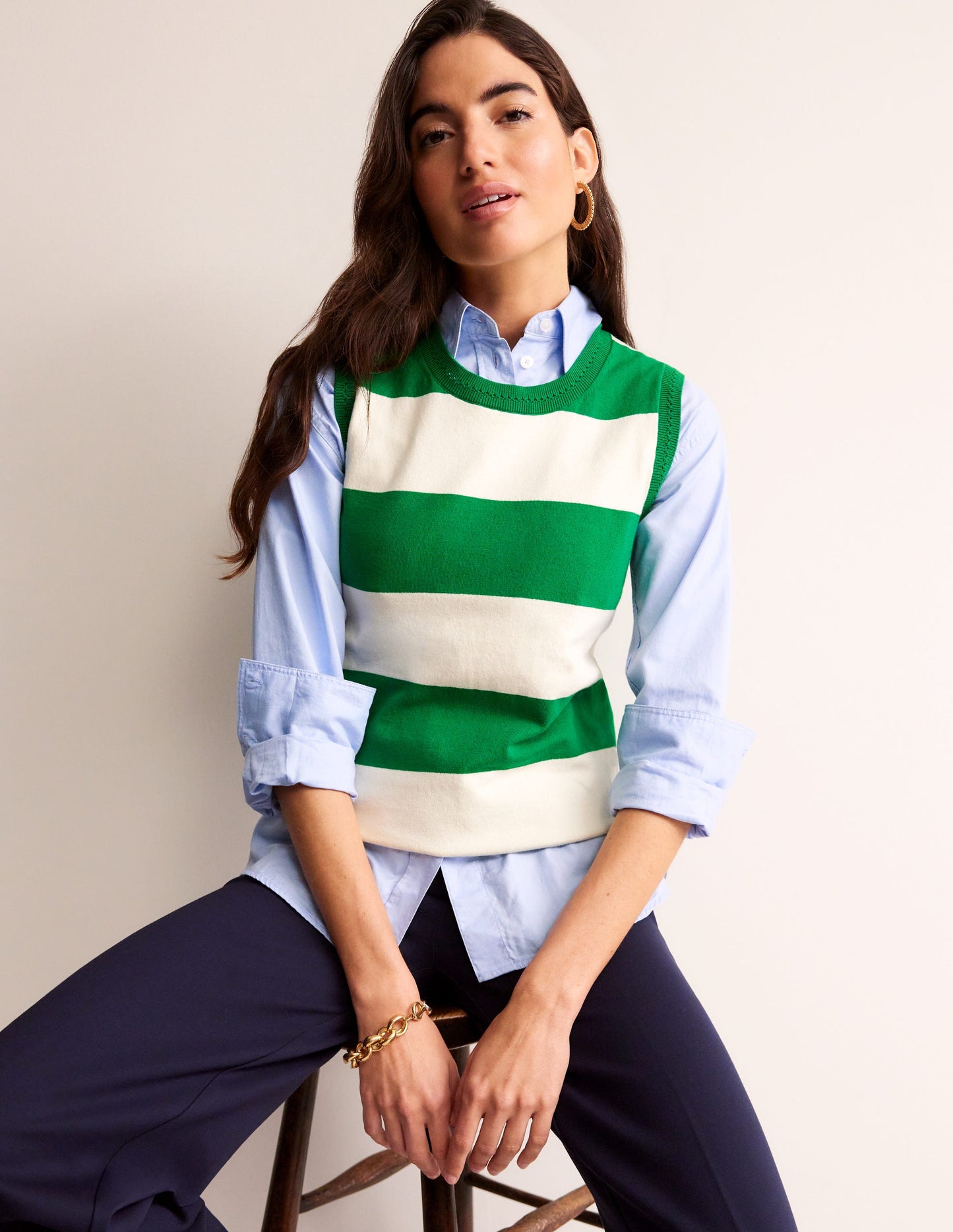 Catriona Crew Neck Cotton Vest-Rich Emerald / Ivory