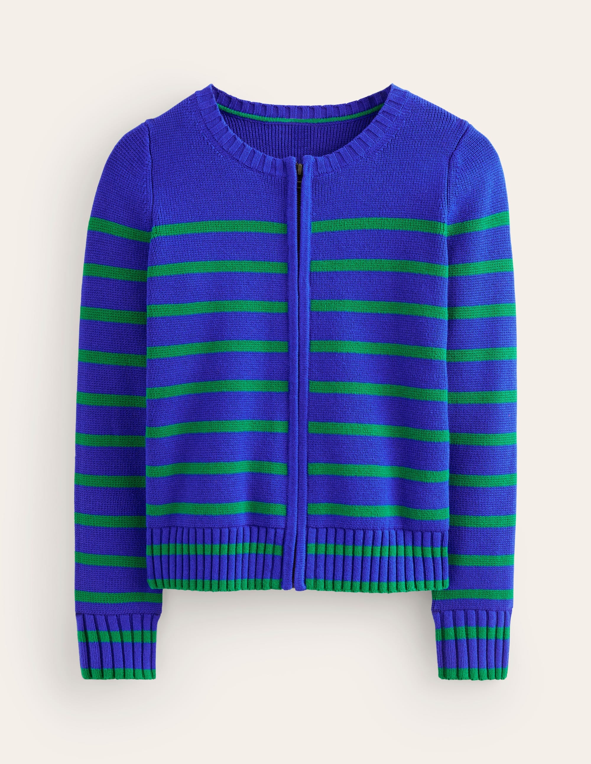 Cotton Breton Cardigan-Bright Blue, Green Stripe - Image 6