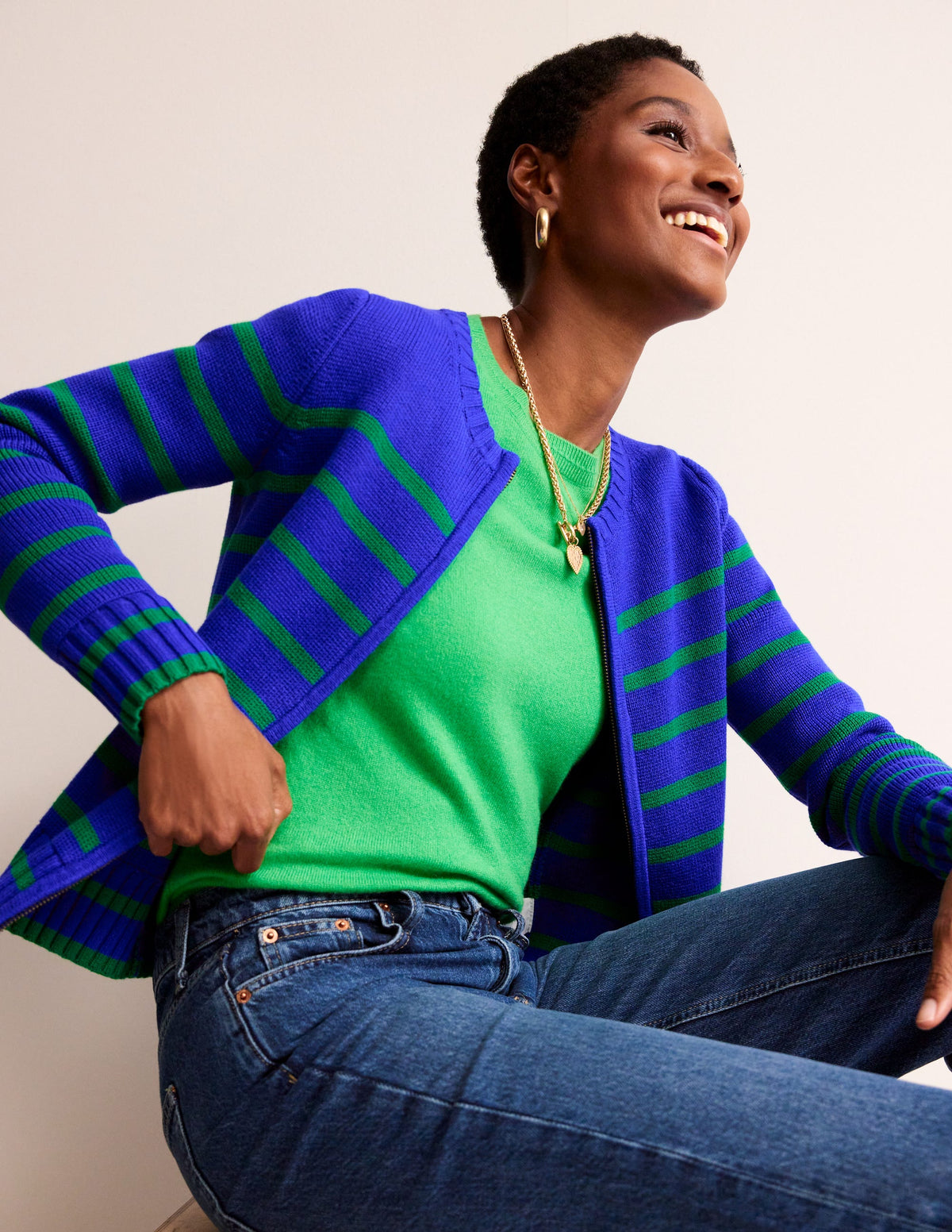 Cotton Breton Cardigan-Bright Blue, Green Stripe - Image 1