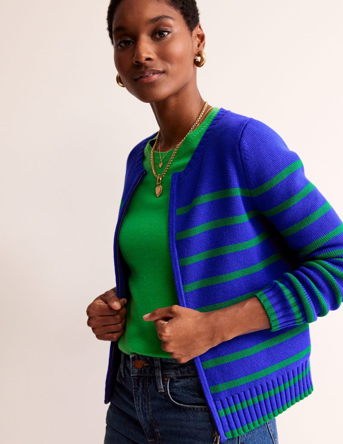 Cotton Breton Cardigan-Bright Blue, Green Stripe-4