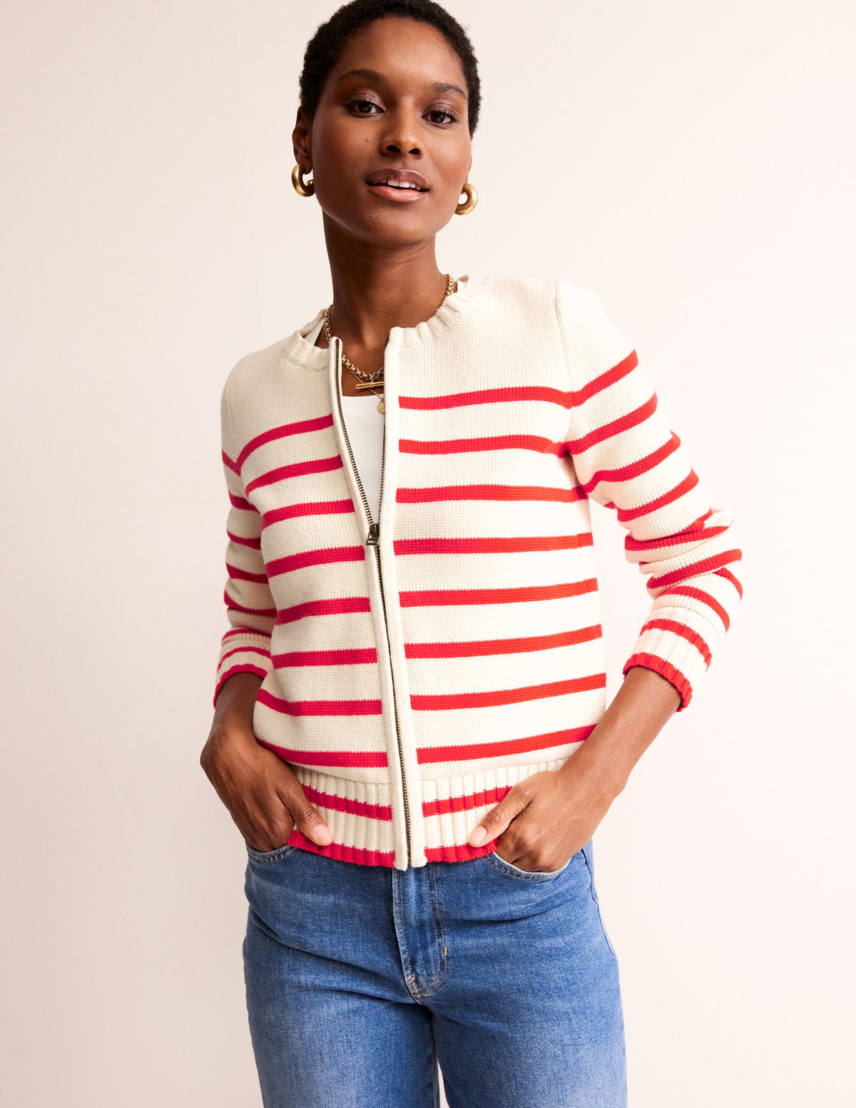 Cotton Breton Cardigan-Warm Ivory, Post Box Red - Image 1