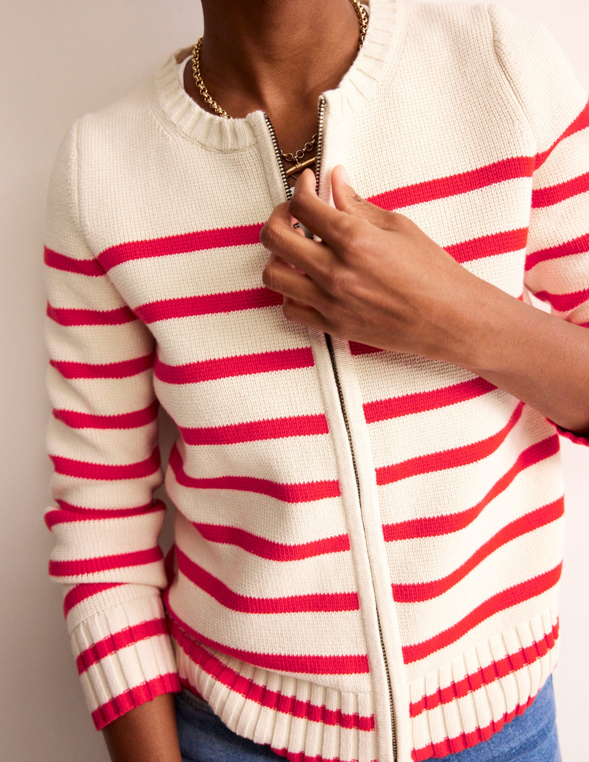 Cotton Breton Cardigan-Warm Ivory, Post Box Red - Image 2