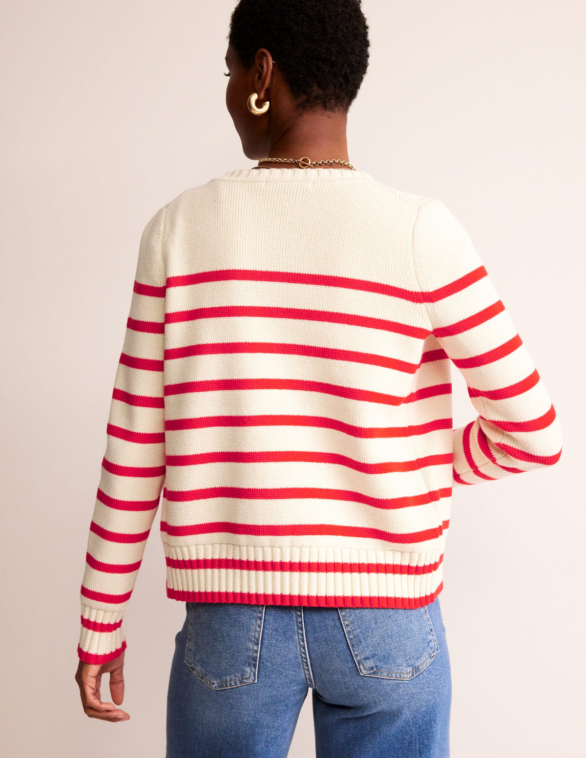 Cotton Breton Cardigan-Warm Ivory, Post Box Red - Image 3