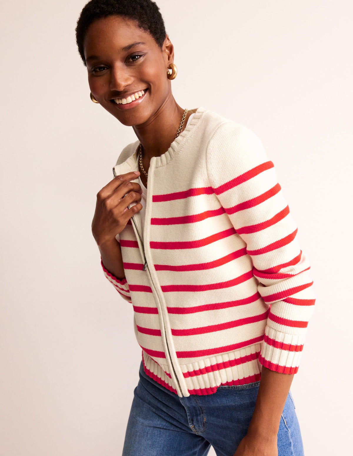 Cotton Breton Cardigan-Warm Ivory, Post Box Red - Image 4