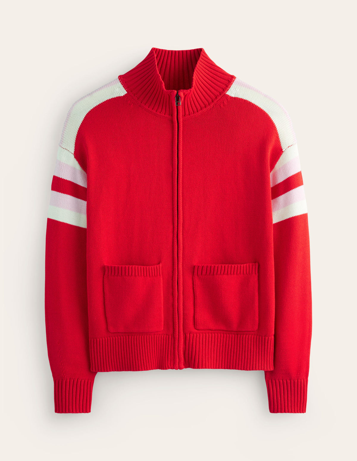 Knitted Zip-up Cardigan-Post Box Red, Ivory Stripe-6
