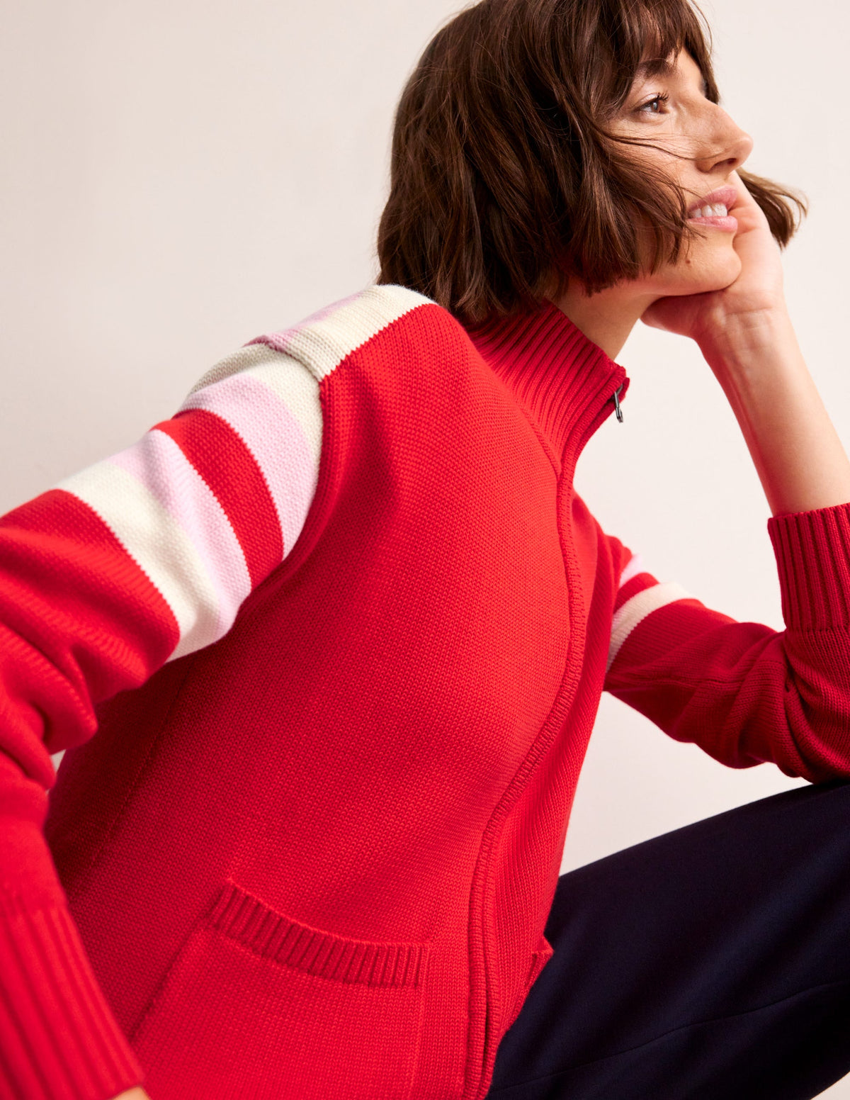 Knitted Zip-up Cardigan-Post Box Red, Ivory Stripe-1