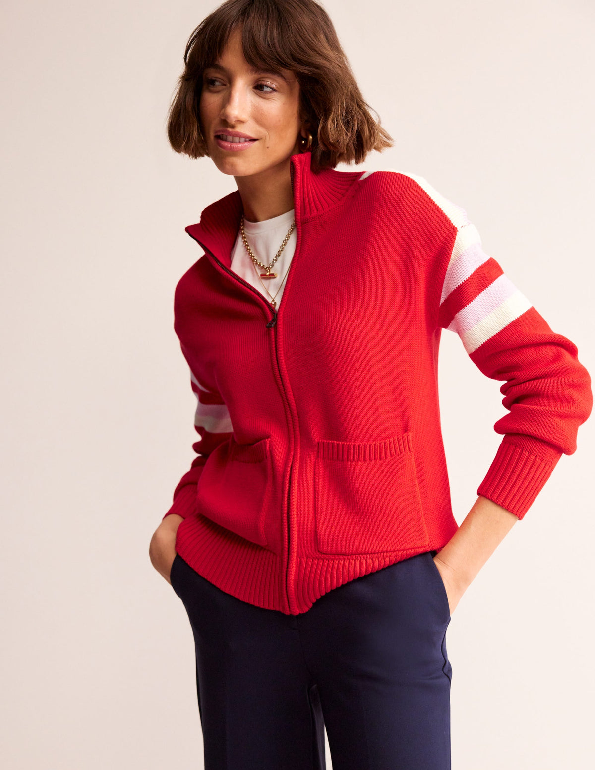 Knitted Zip-up Cardigan-Post Box Red, Ivory Stripe-2