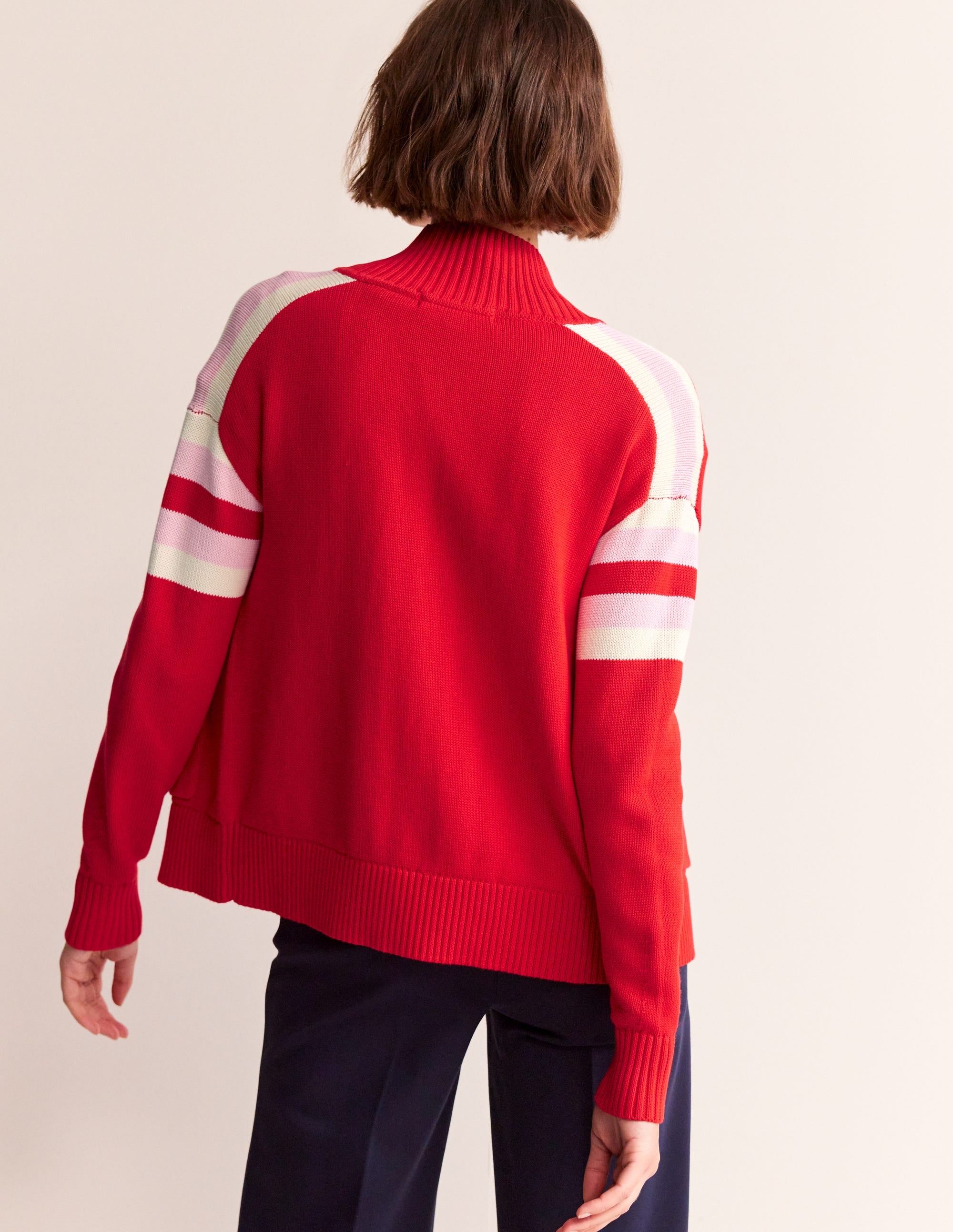 Knitted Zip-up Cardigan-Post Box Red, Ivory Stripe - Image 3