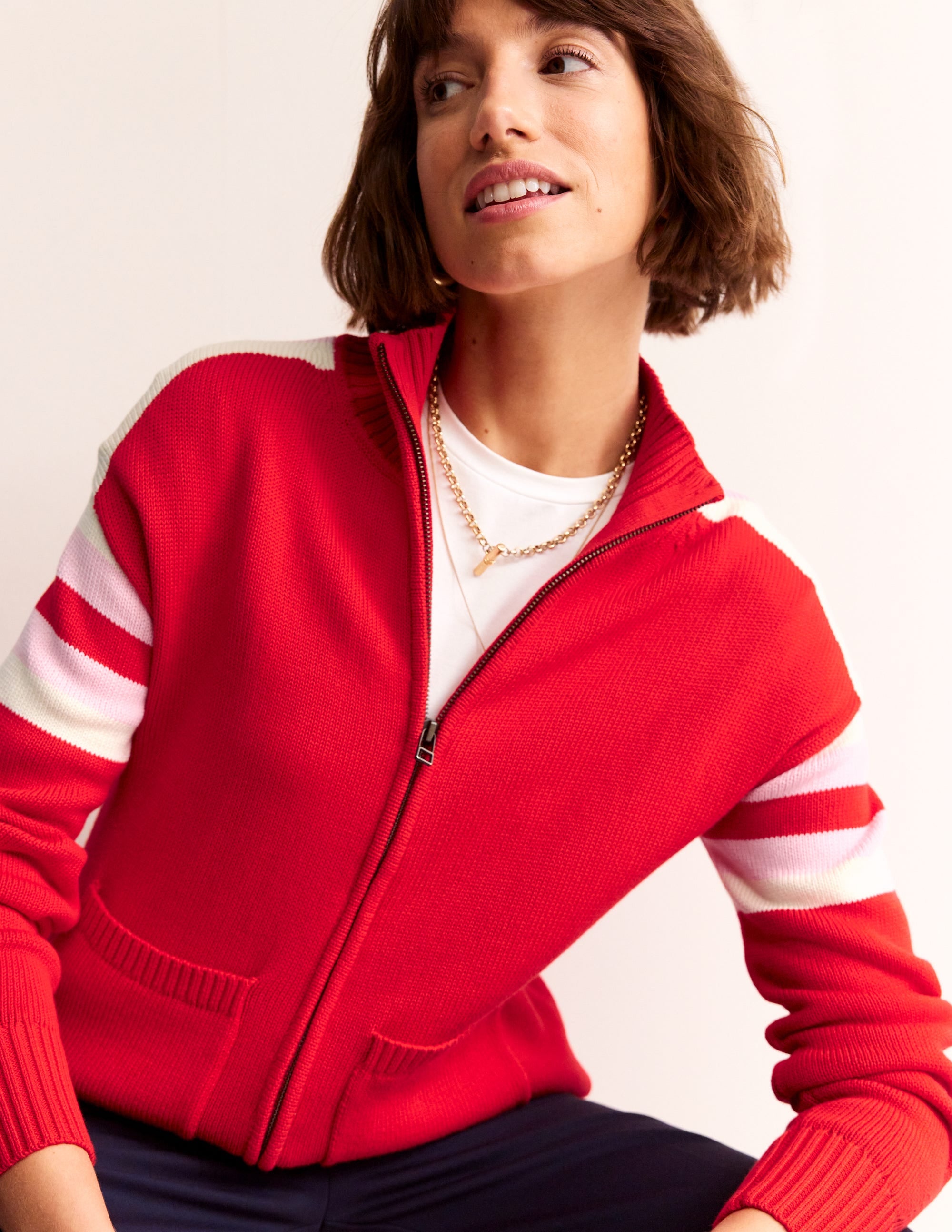 Knitted Zip-up Cardigan-Post Box Red, Ivory Stripe - Image 4