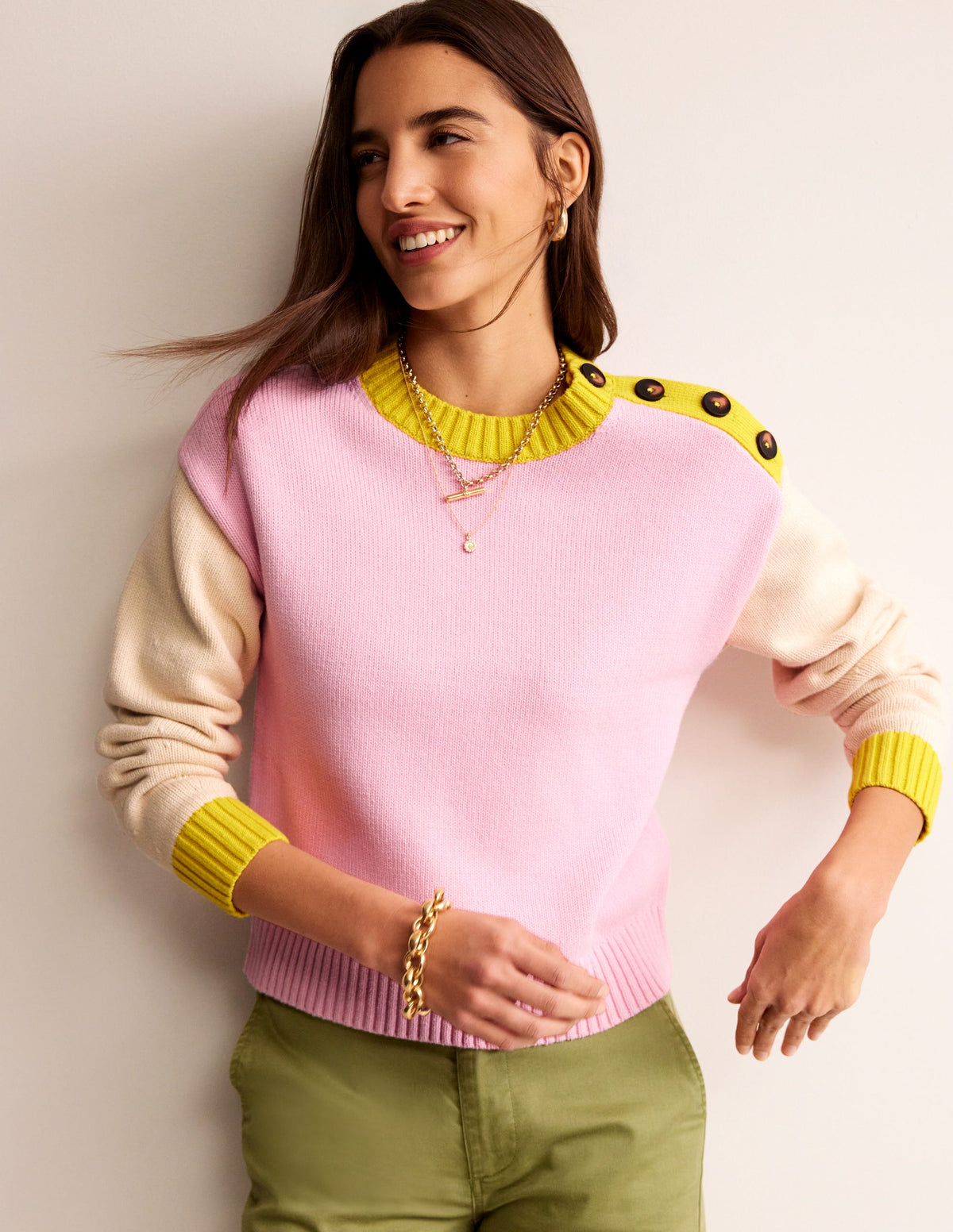 Hotch Potch Cotton Sweater-Blossom Pink, Warm Ivory - Image 1