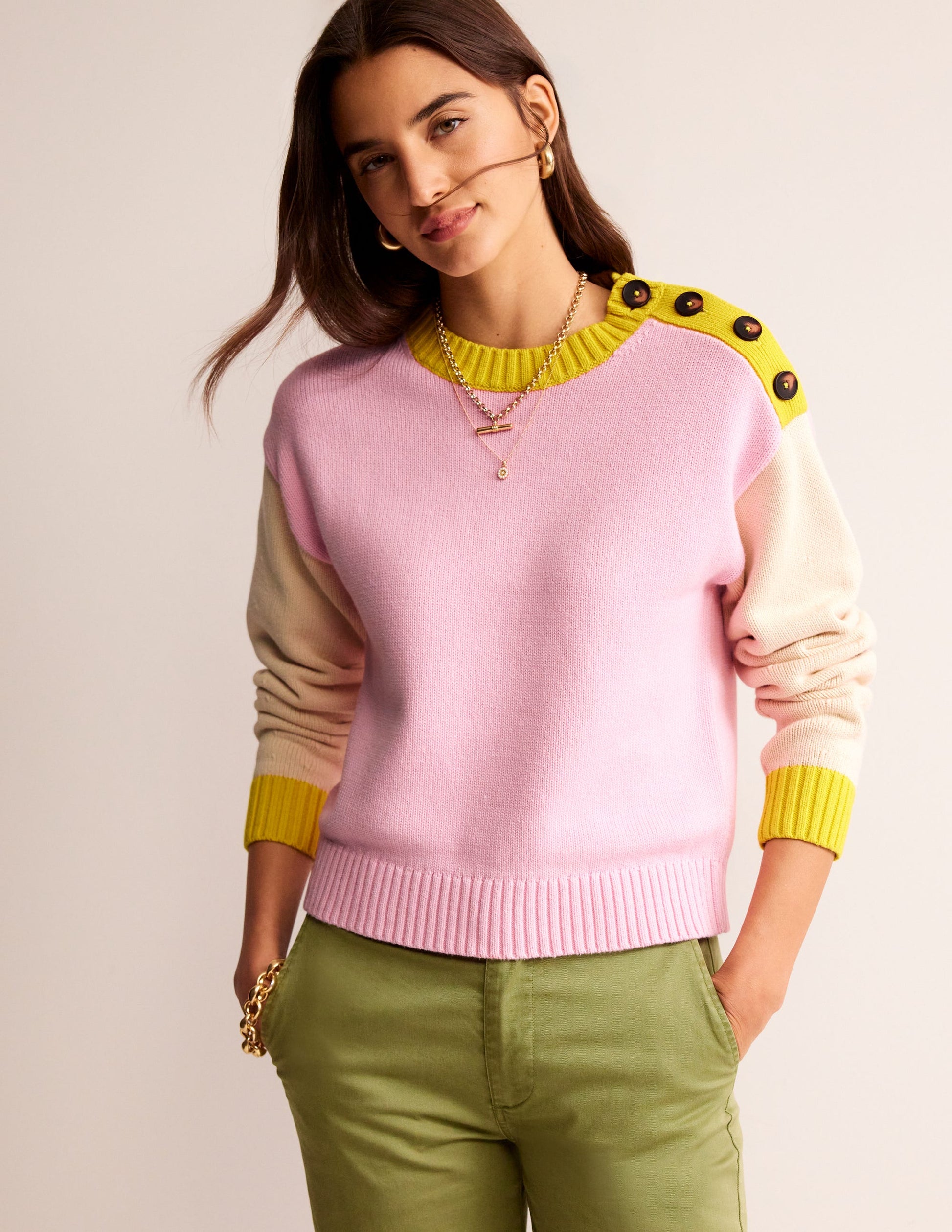 Hotch Potch Cotton Sweater-Blossom Pink, Warm Ivory-4