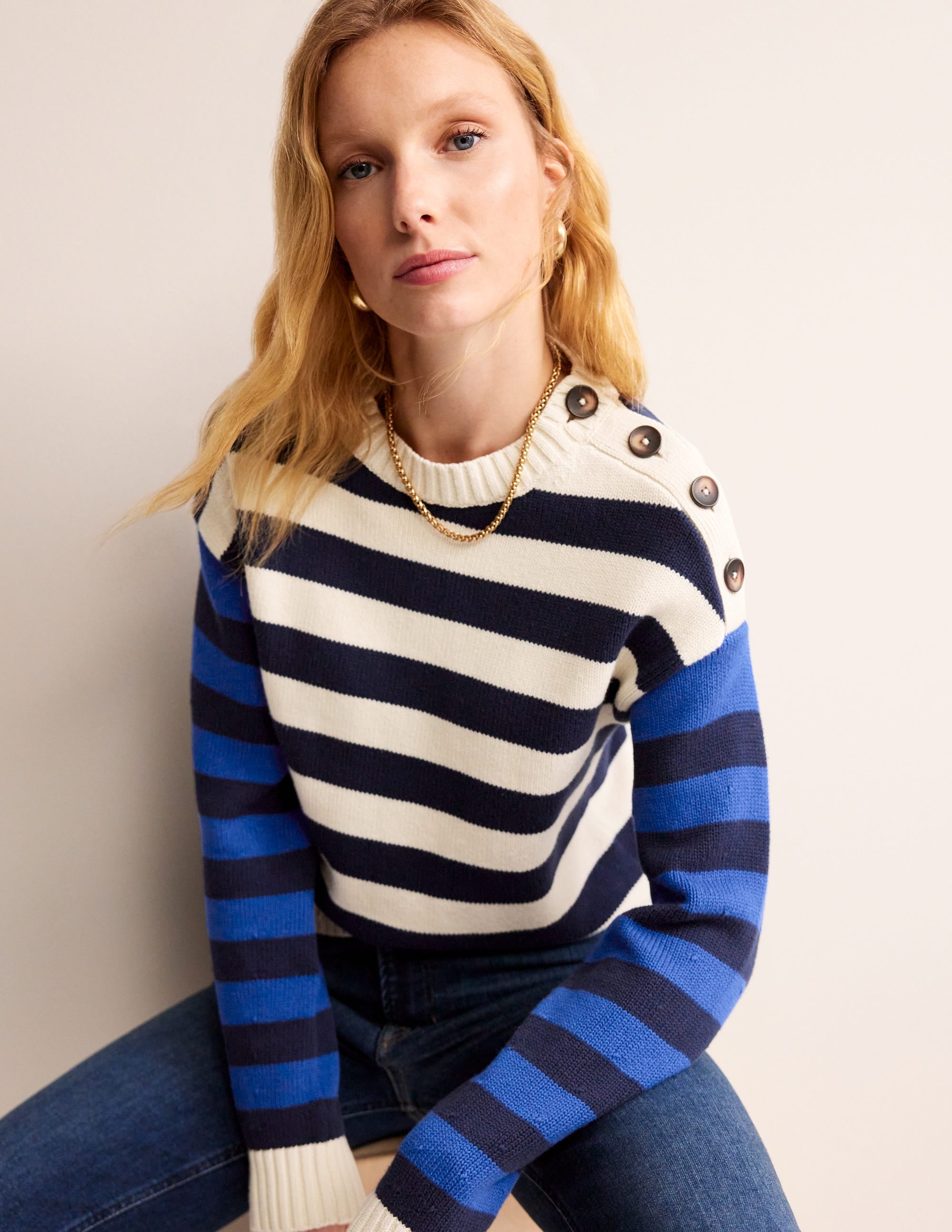 Hotch Potch Cotton Sweater-Naval Academy, Ivory Stripe - Image 1