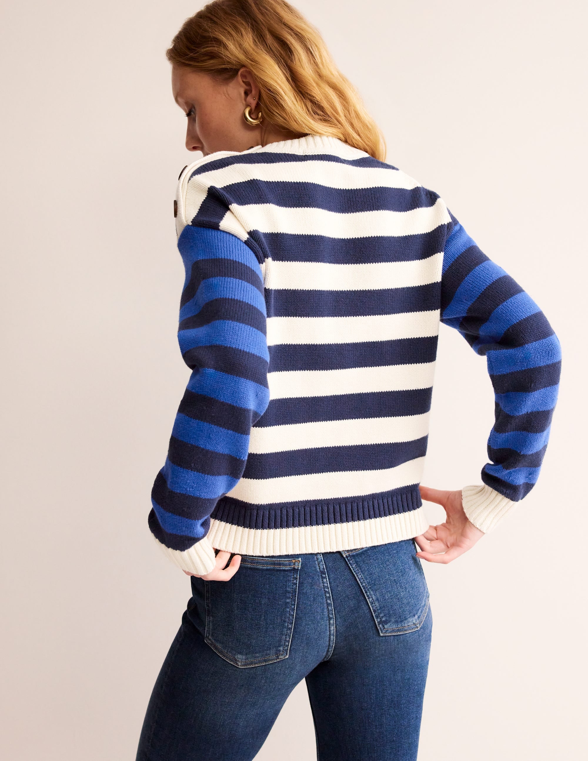 Hotch Potch Cotton Sweater-Naval Academy, Ivory Stripe - Image 3