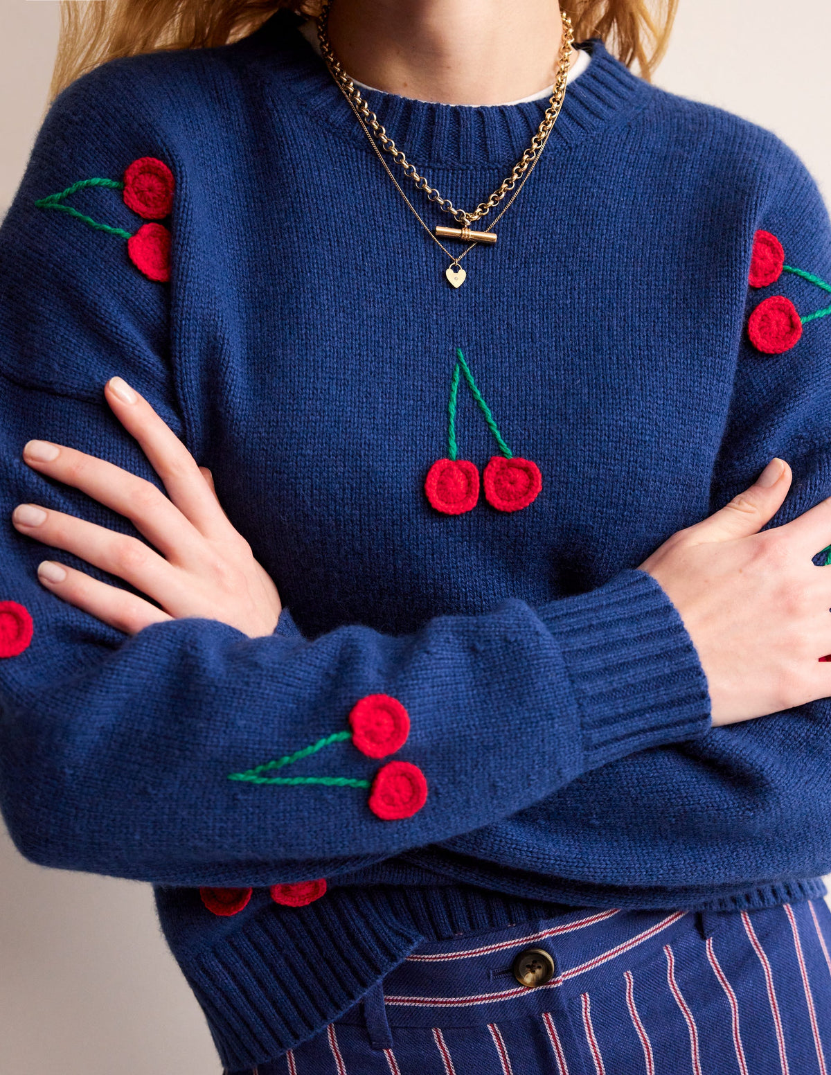 Hand Embroidered Sweater-Blue Decadence, Cherries - Image 2