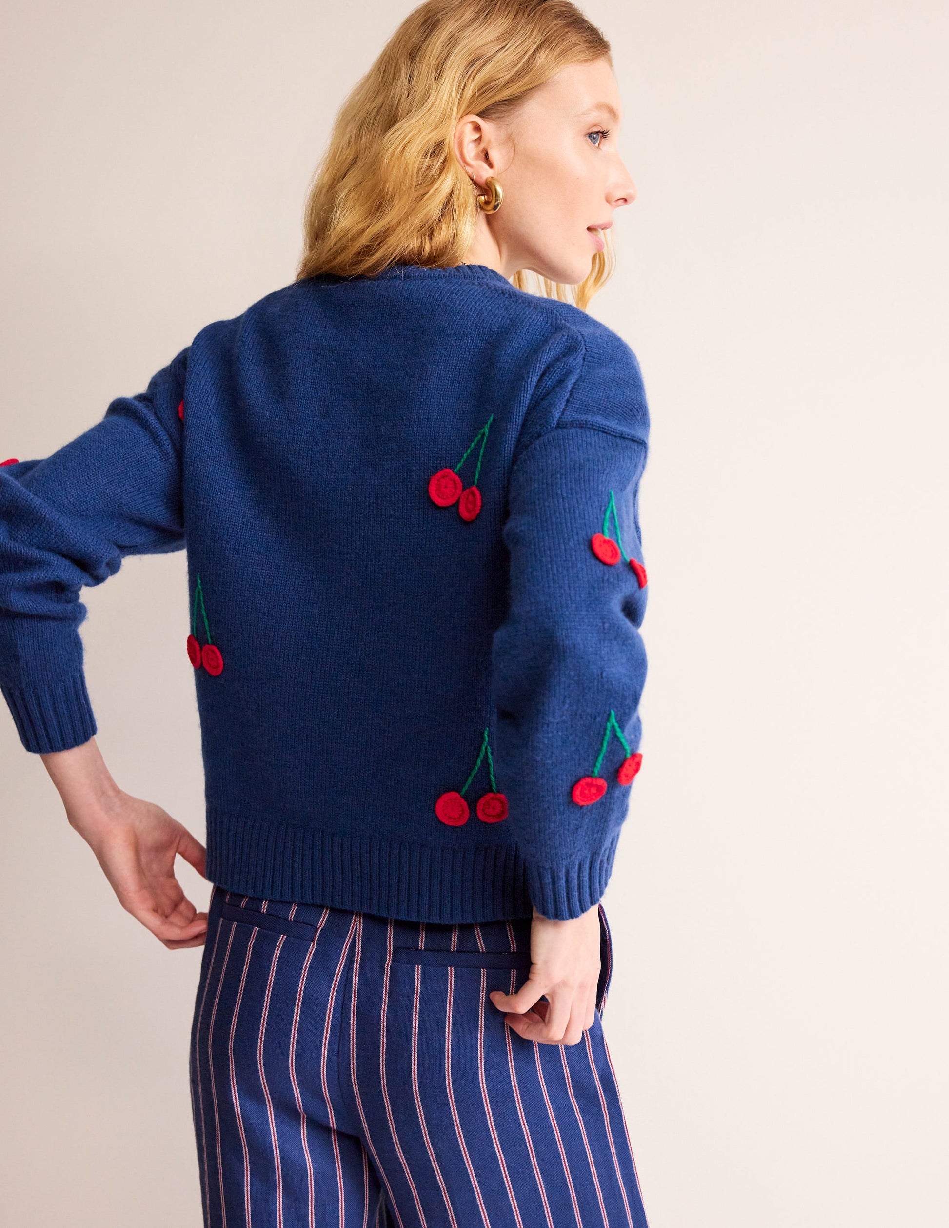 Hand Embroidered Sweater-Blue Decadence, Cherries-3