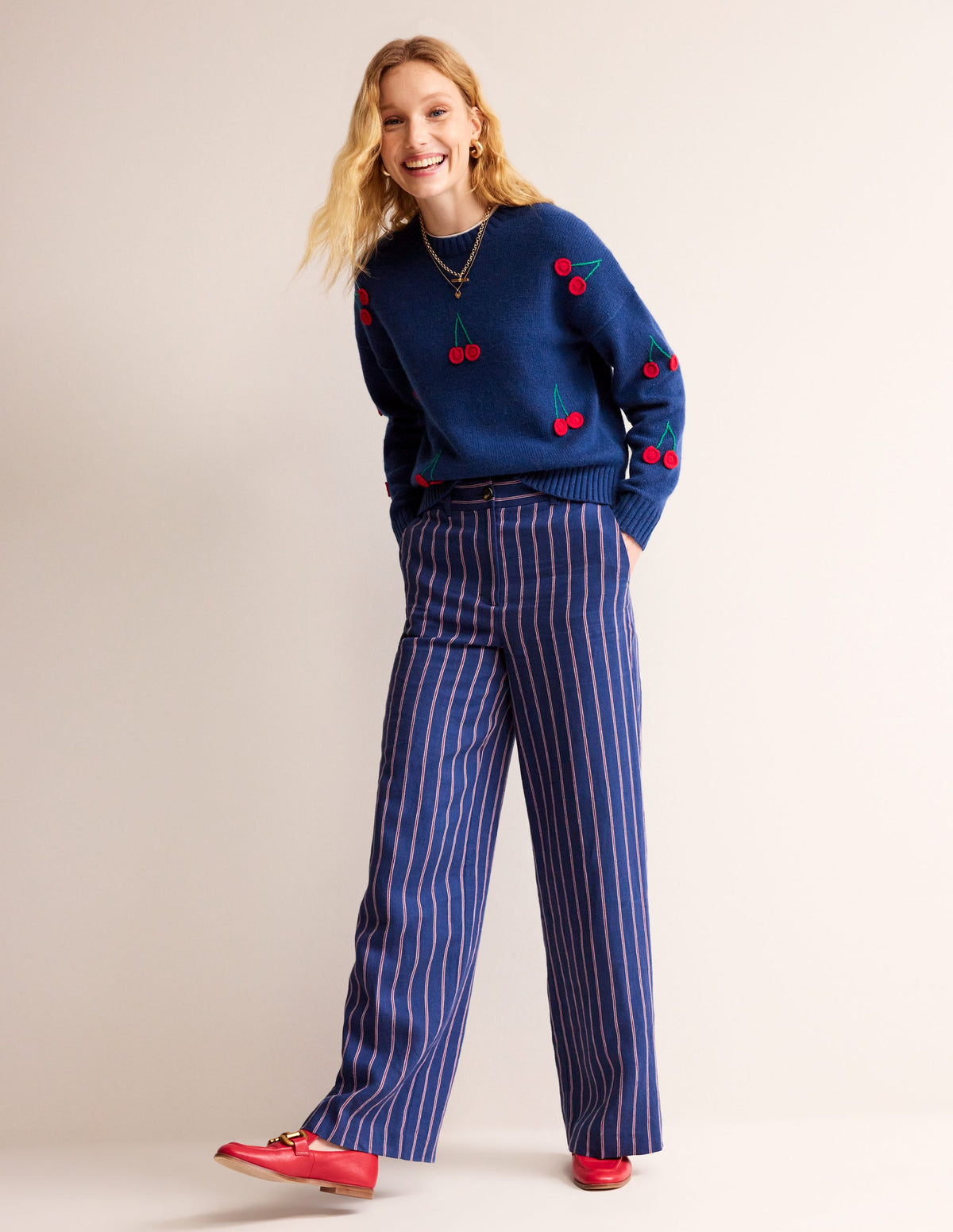 Hand Embroidered Sweater-Blue Decadence, Cherries - Image 4