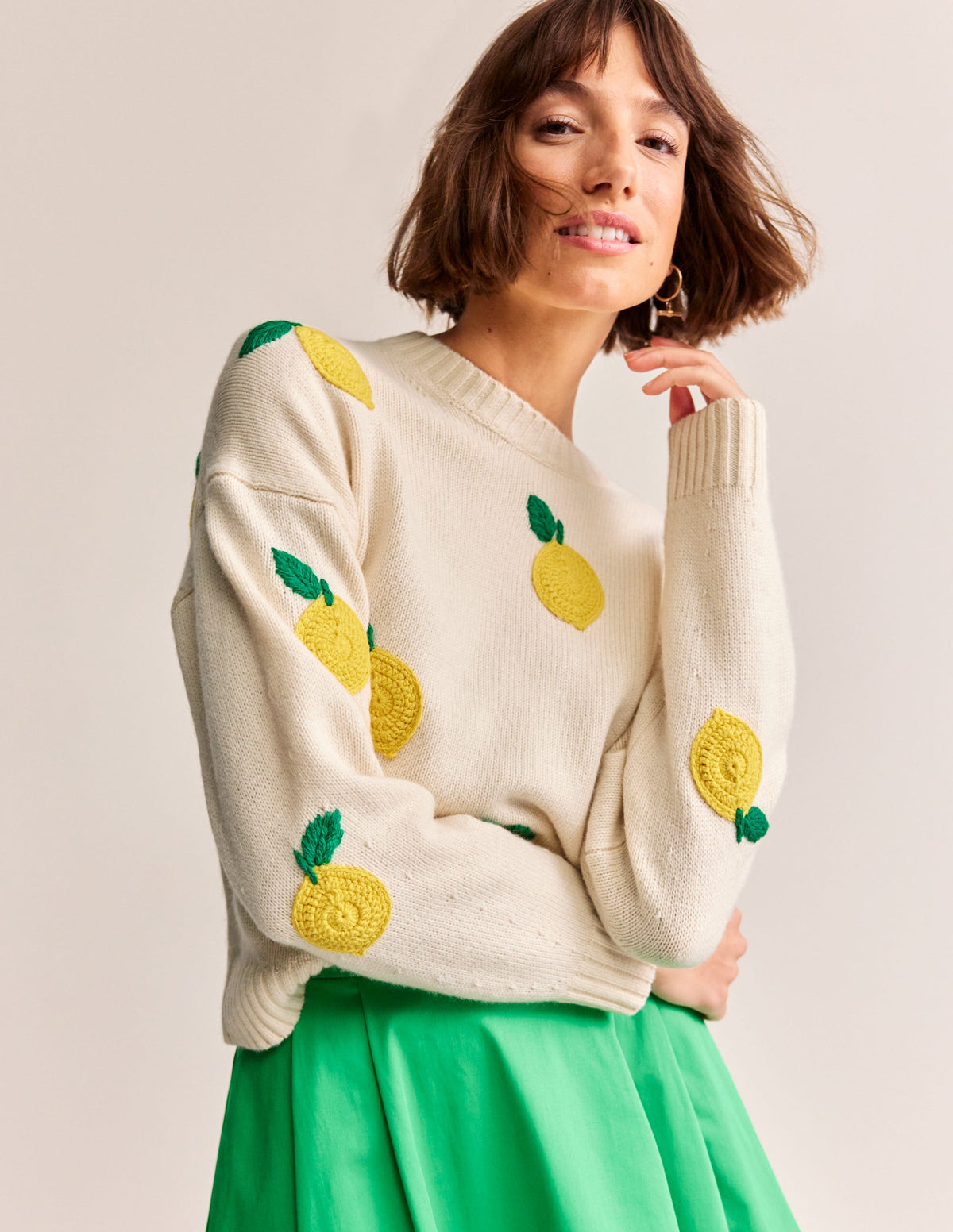 Hand Embroidered Sweater-Warm Ivory, Lemons - Image 2
