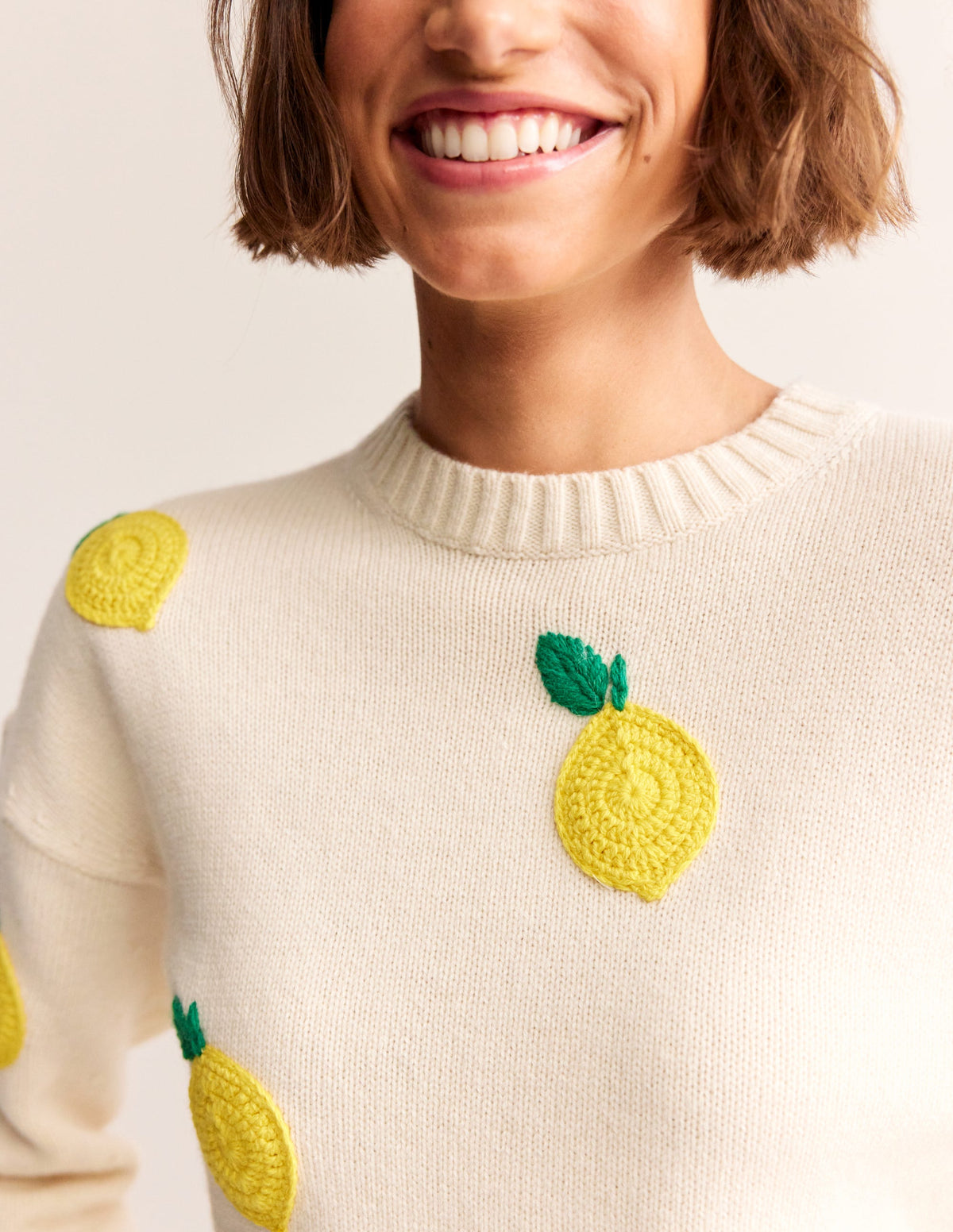 Hand Embroidered Sweater-Warm Ivory, Lemons - Image 3