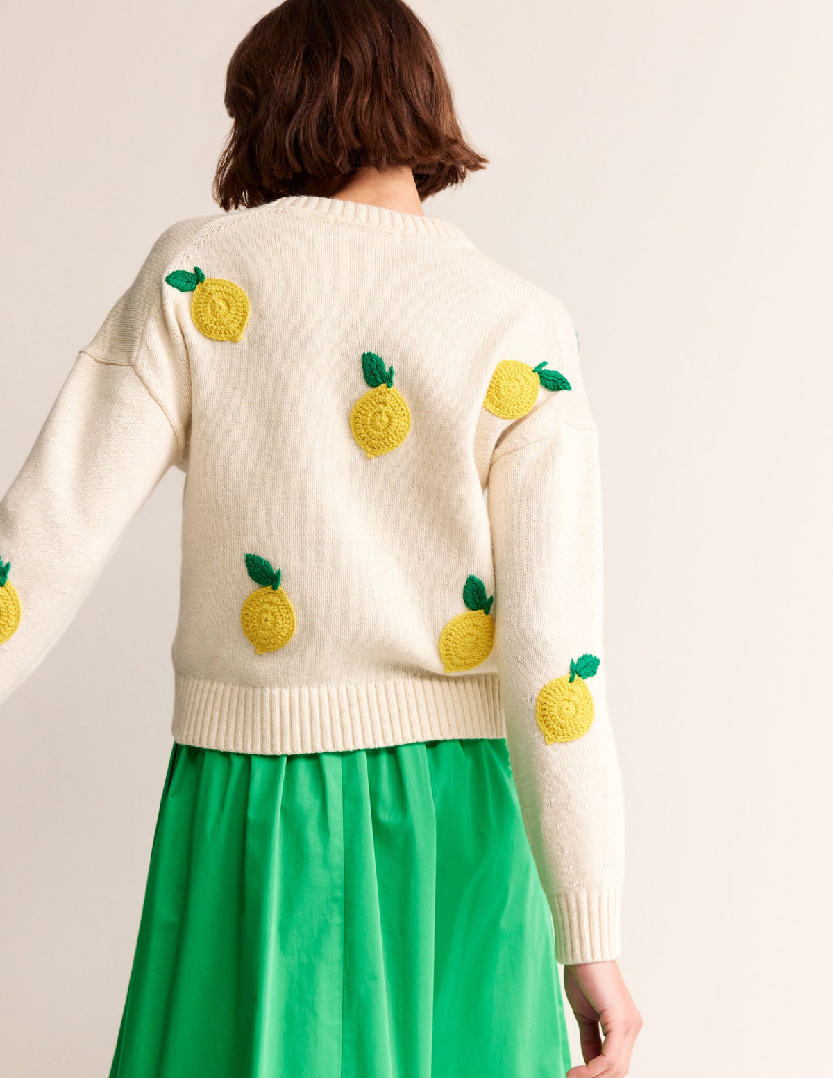 Hand Embroidered Sweater-Warm Ivory, Lemons - Image 4