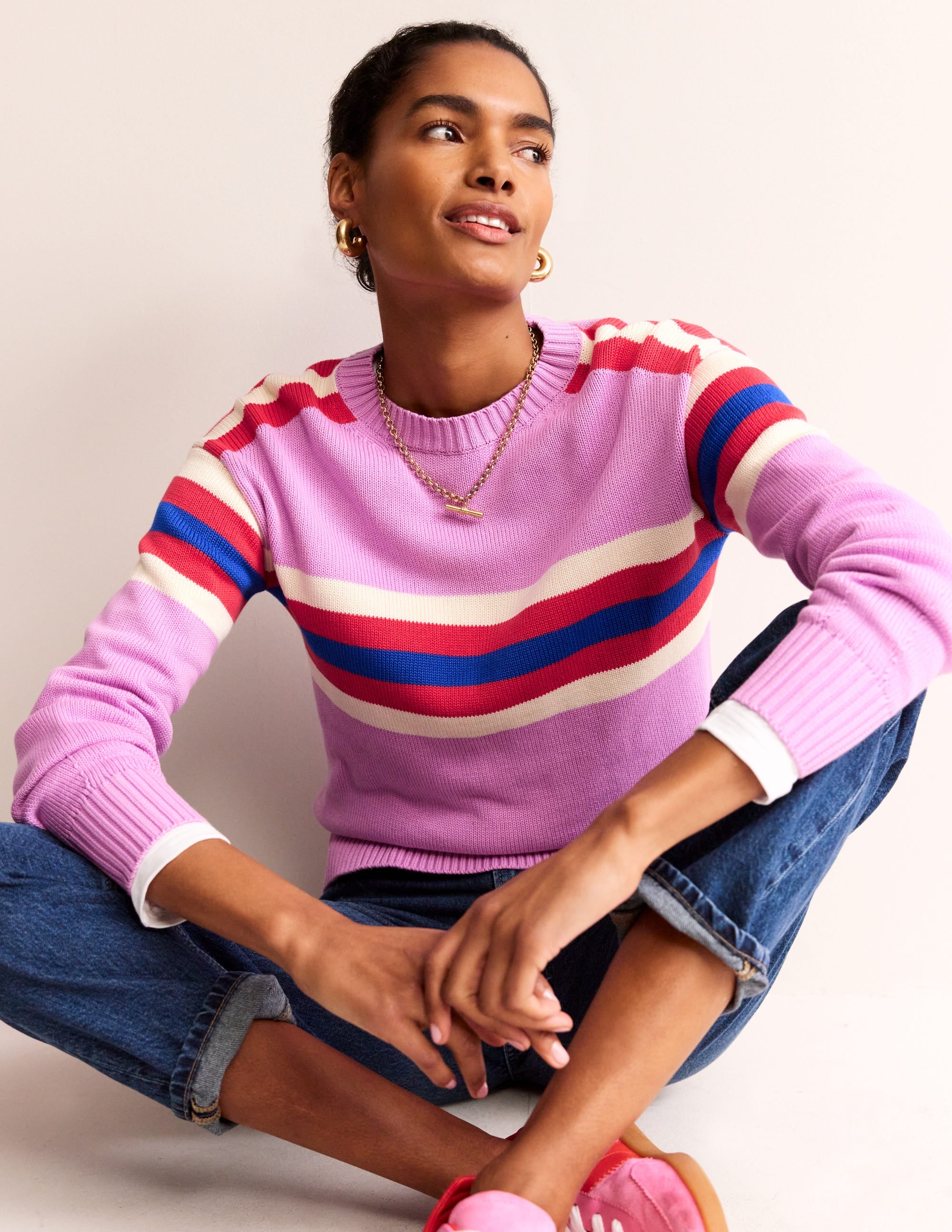 Stripe Knitted Sweater-Lilac, Warm Ivory, Red Stripe - Image 1