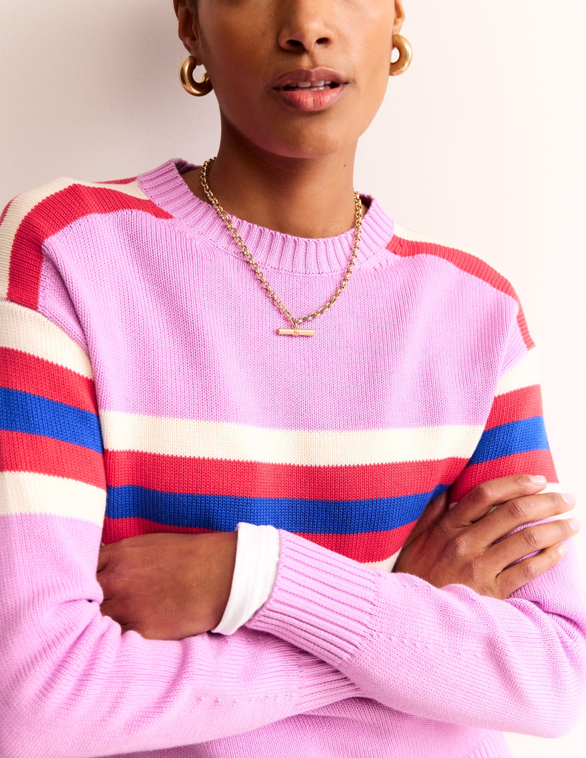 Stripe Knitted Sweater-Lilac, Warm Ivory, Red Stripe - Image 2