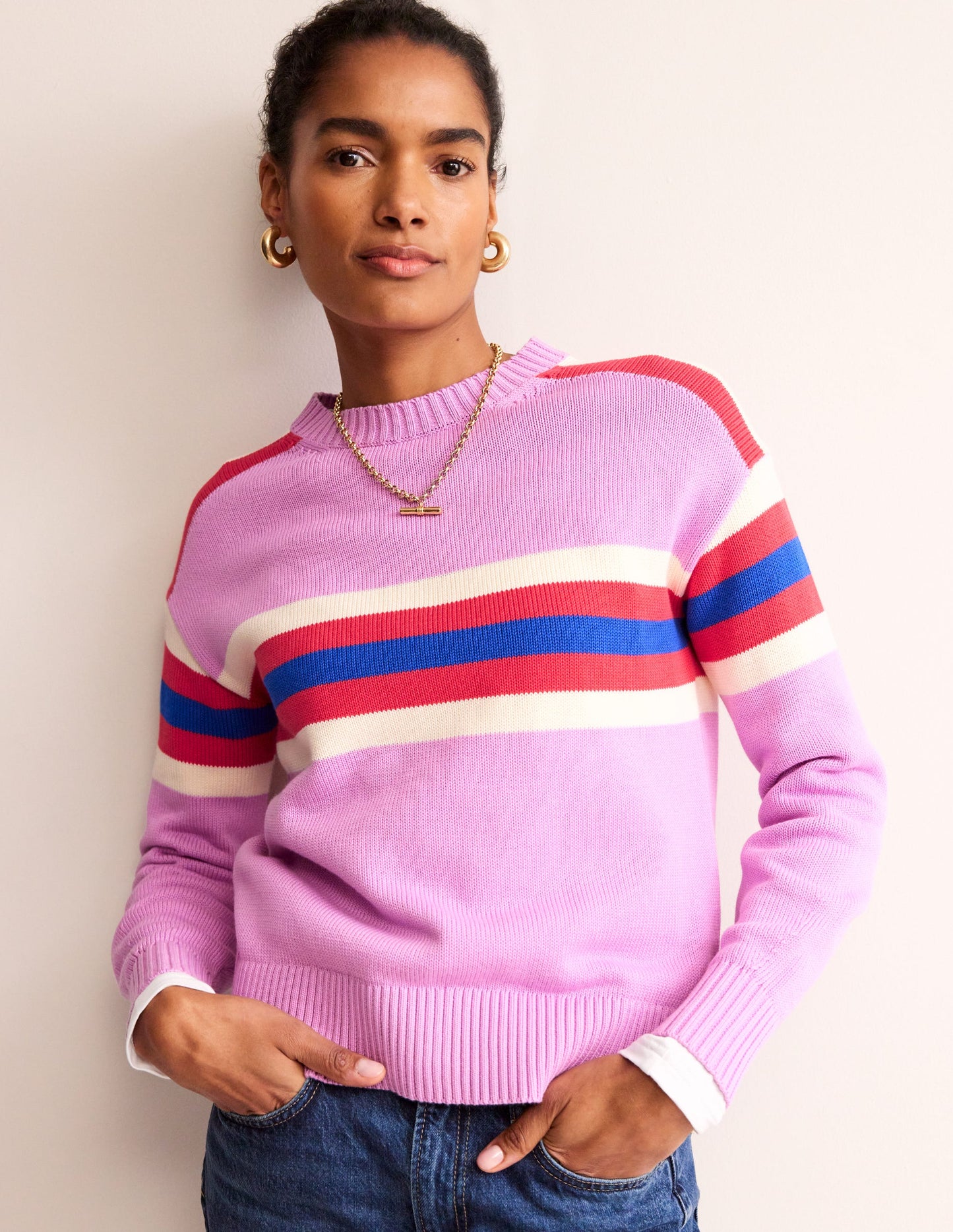 Stripe Knitted Sweater-Lilac, Warm Ivory, Red Stripe