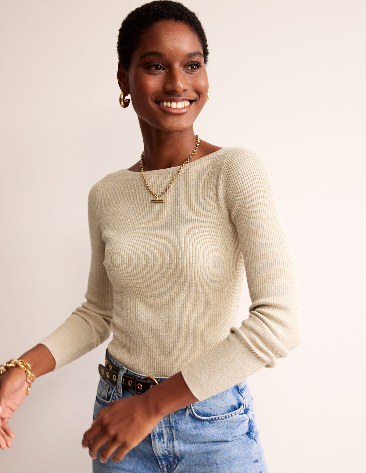 Cotton Rib Boat Neck Sweater-Gold Metallic-2