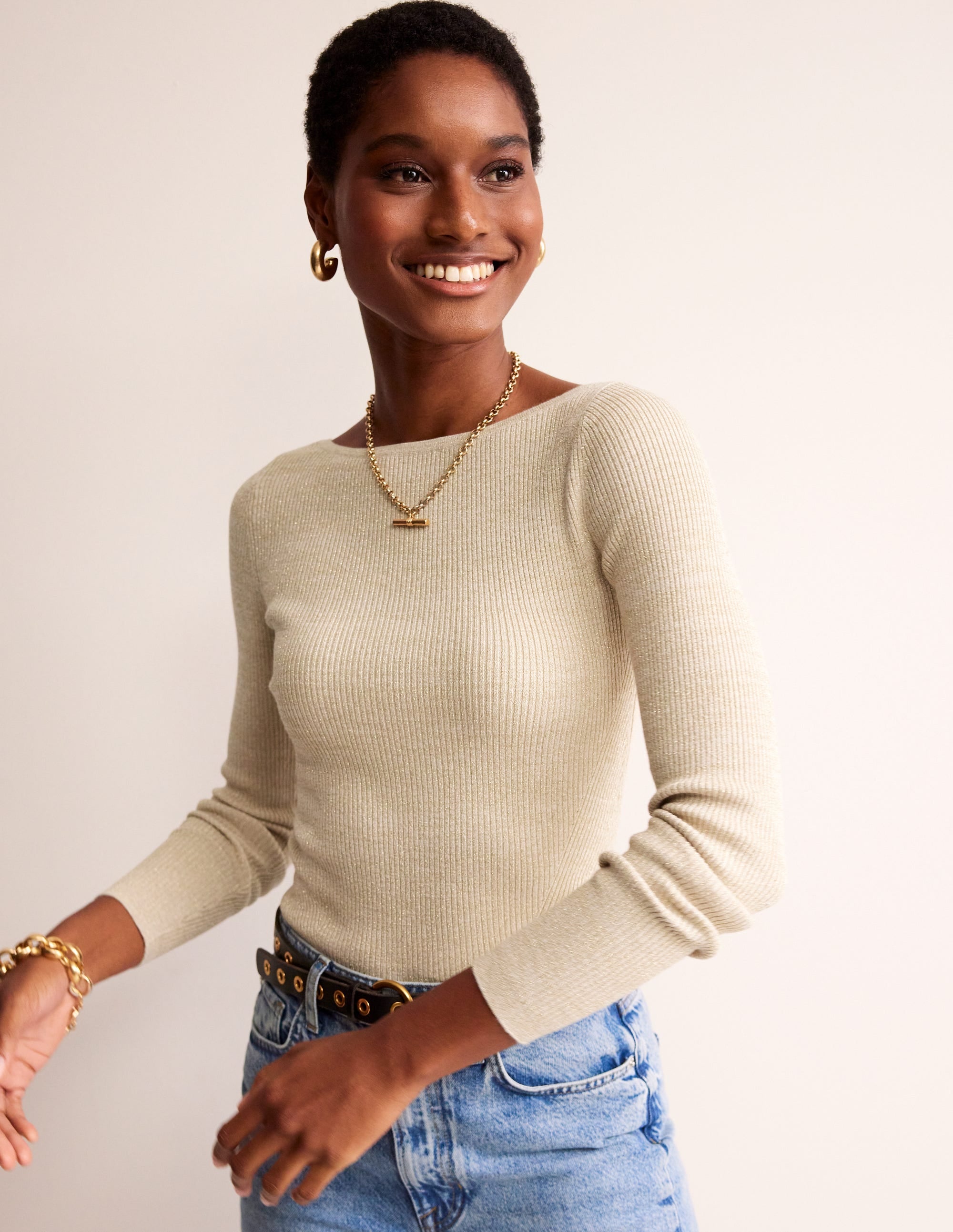 Cotton Rib Boat Neck Sweater-Gold Metallic - Image 2