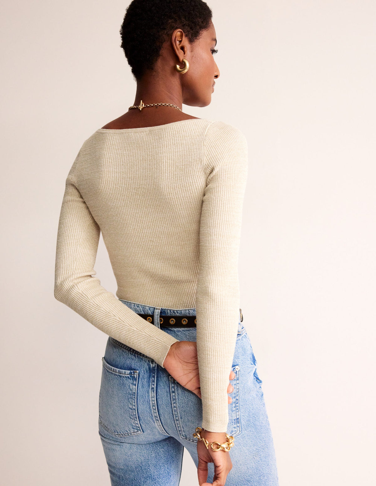 Cotton Rib Boat Neck Sweater-Gold Metallic-3