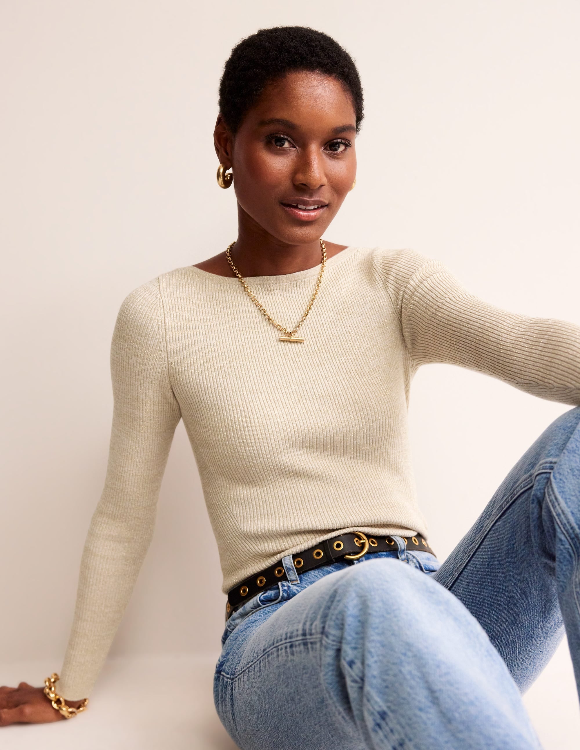 Cotton Rib Boat Neck Sweater-Gold Metallic - Image 4