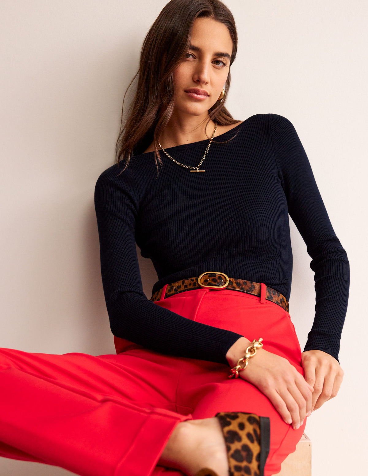 Cotton Rib Boat Neck Sweater-Navy - Image 1